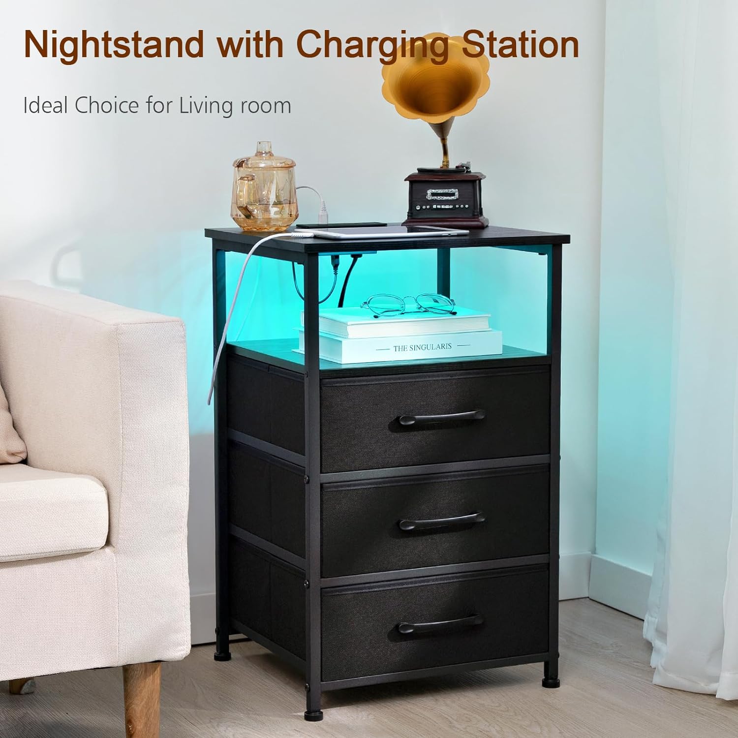 Juego de 2 mesitas de noche, mesa auxiliar con estación de carga, mesita de noche de mesa ancha con tira de luz LED para dormitorio HNS013BK