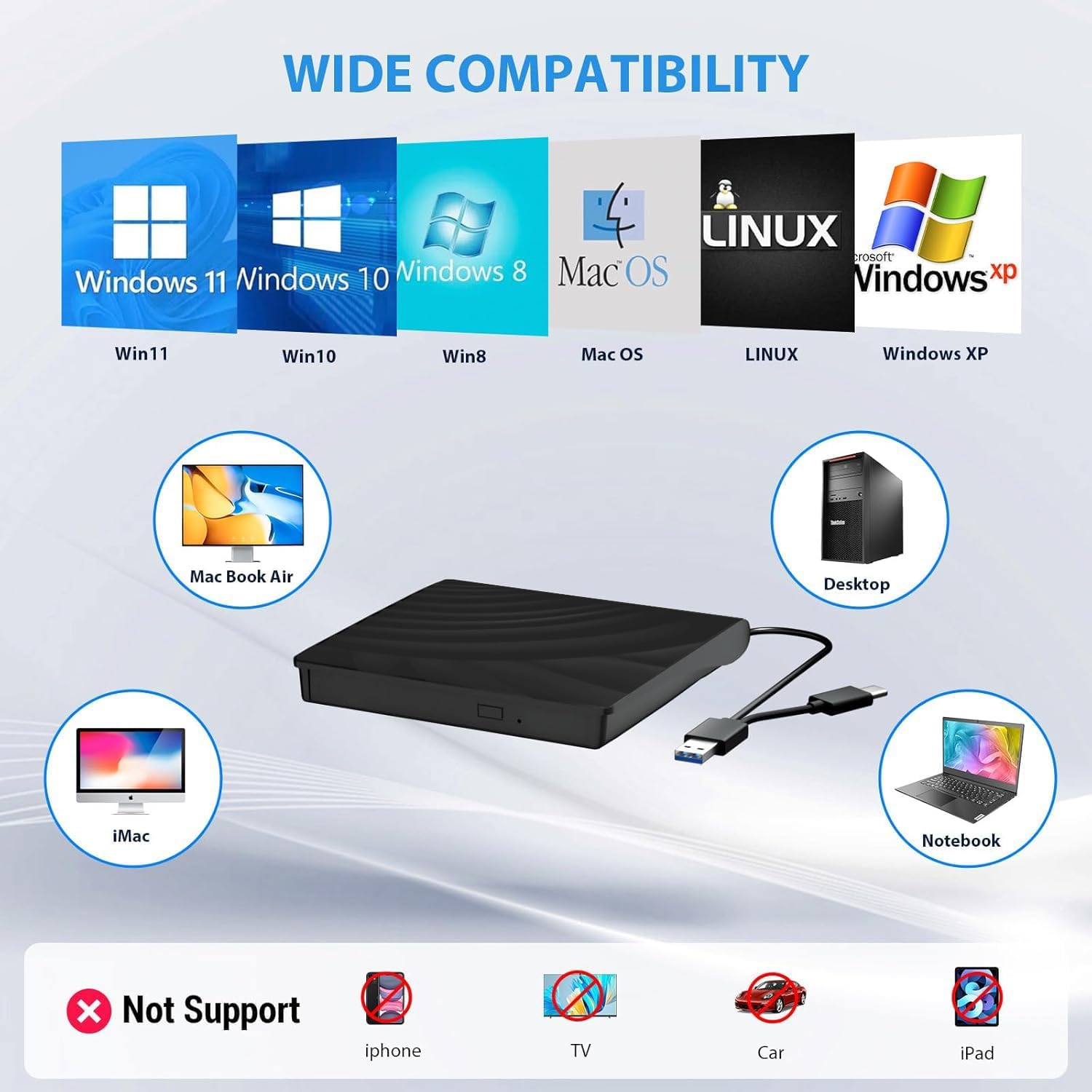 Unidad Blu Ray externa, unidades Bluray portátiles lector de CD DVD BD, USB 3.0 Tipo-C delgado óptico CDDVD Blu Ray quemador para MacBook Laptop PC