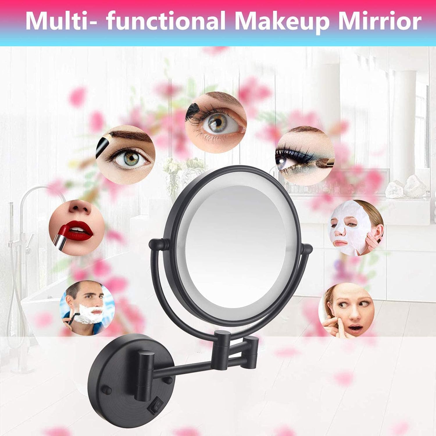 GaRcan Espejo de maquillaje con aumento de 10 veces iluminado, espejo de maquillaje giratorio de doble cara de 8 pulgadas, espejo de maquillaje