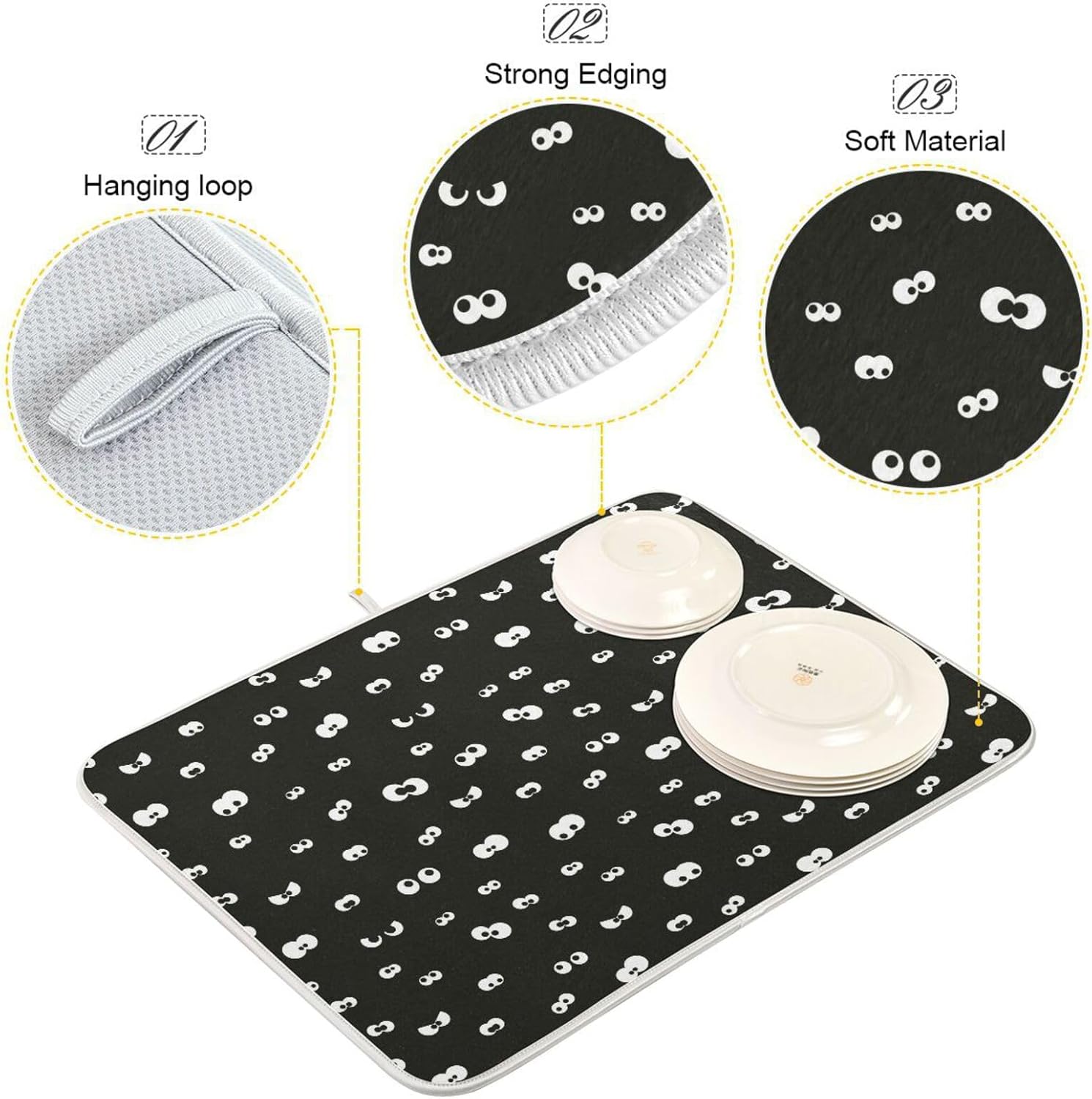 Spooky Eyes Drying Dish Mat Washnable Absorbent Kitchen Counter Top Mat Drying Matt Kitchen Counter Tapete Para Cocina 16” x 18”