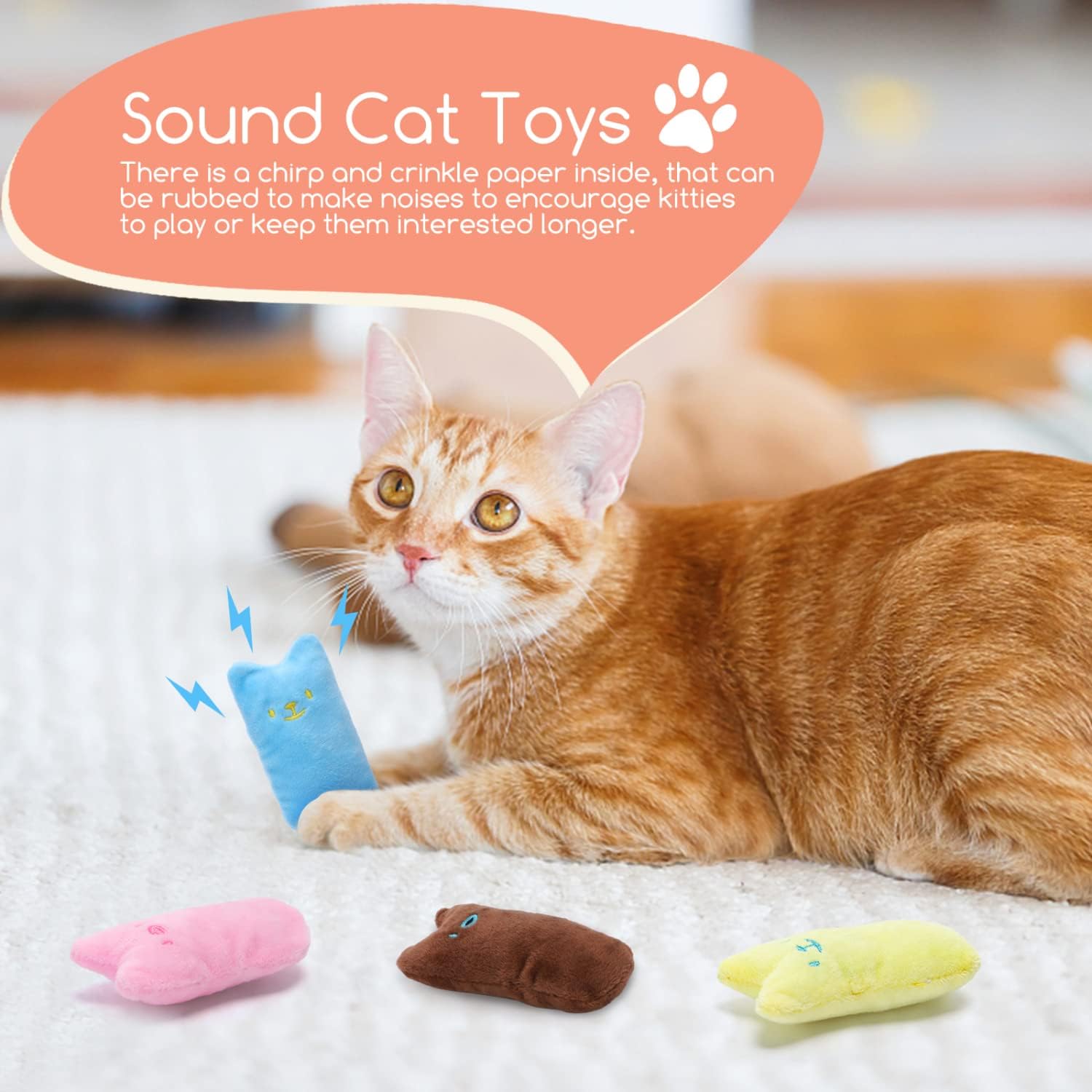 Nobleza Juguetes de gatito para gatos de interior, paquete de 4 juguetes masticables para dentición de gatos con papel arrugado, juguete interactivo
