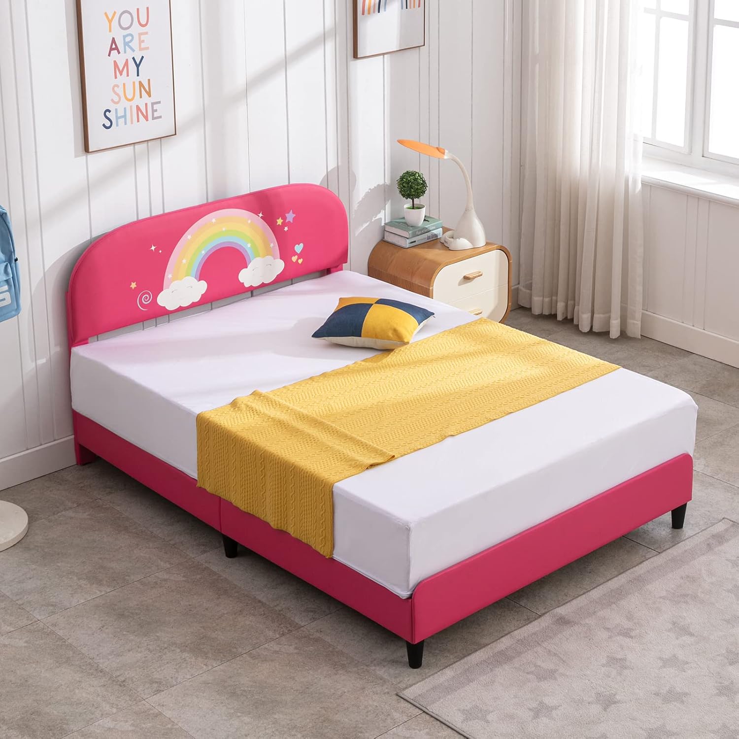Zafly – Marco de cama matrimonial para niños, marco de cama infantil con cabecera tapizada, cabecera y estribo curvados, marco de cama de madera de