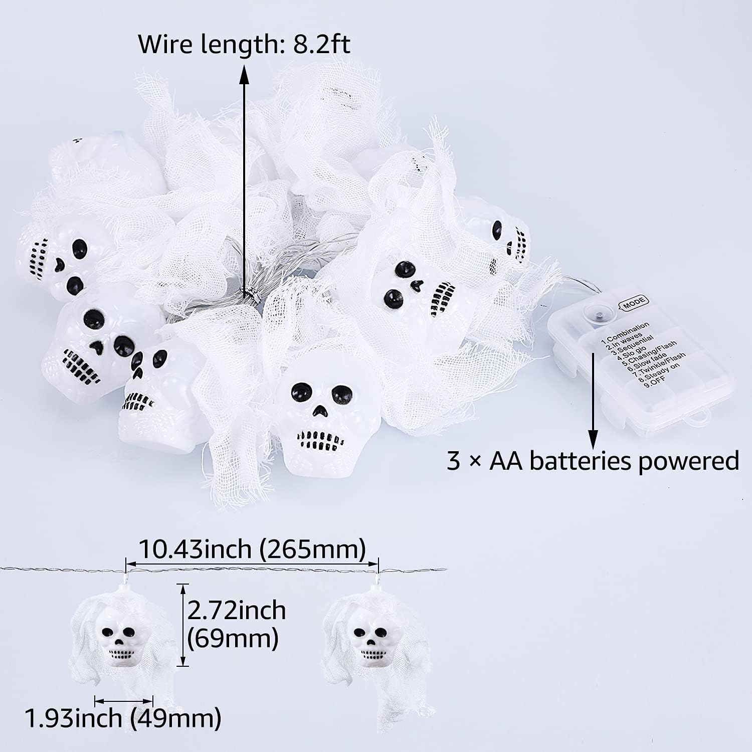 TORCHSTAR Luces de calavera de Halloween, 10 luces LED de gasa blanca para interiores y exteriores, decoración de fiestas de vacaciones, funciona