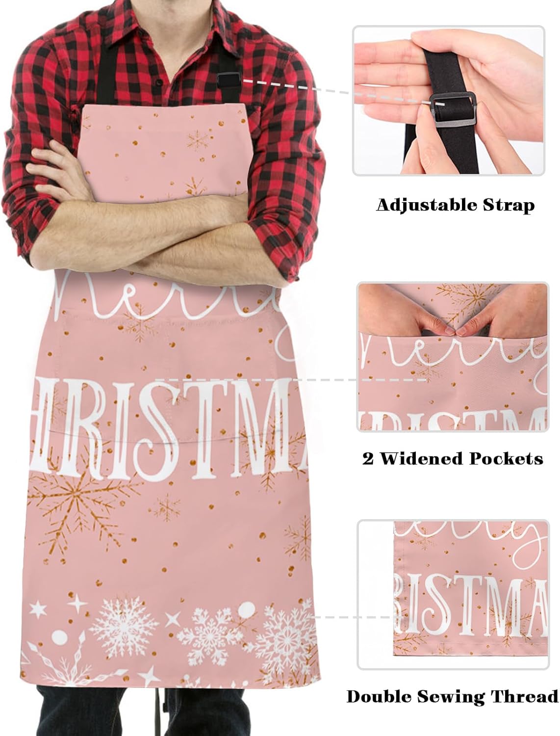 Merry Christmas Bib Aprons for Women With Pockets, Waterproof Canvas Chef Kitchen Cooking Apron for PaintingHair StylistNail TechnicianKids Arts And