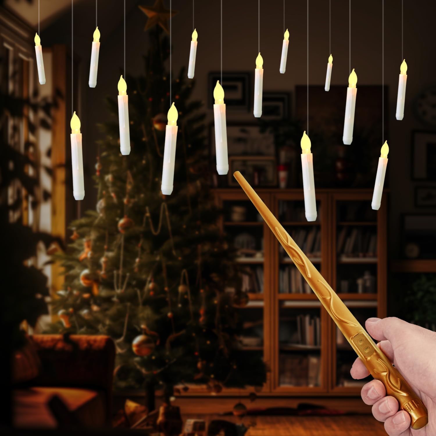 Velas flotantes con varita, 12 velas mágicas colgantes sin llama, luz cálida parpadeante LED con control remoto de varita, juego de velas de ventana