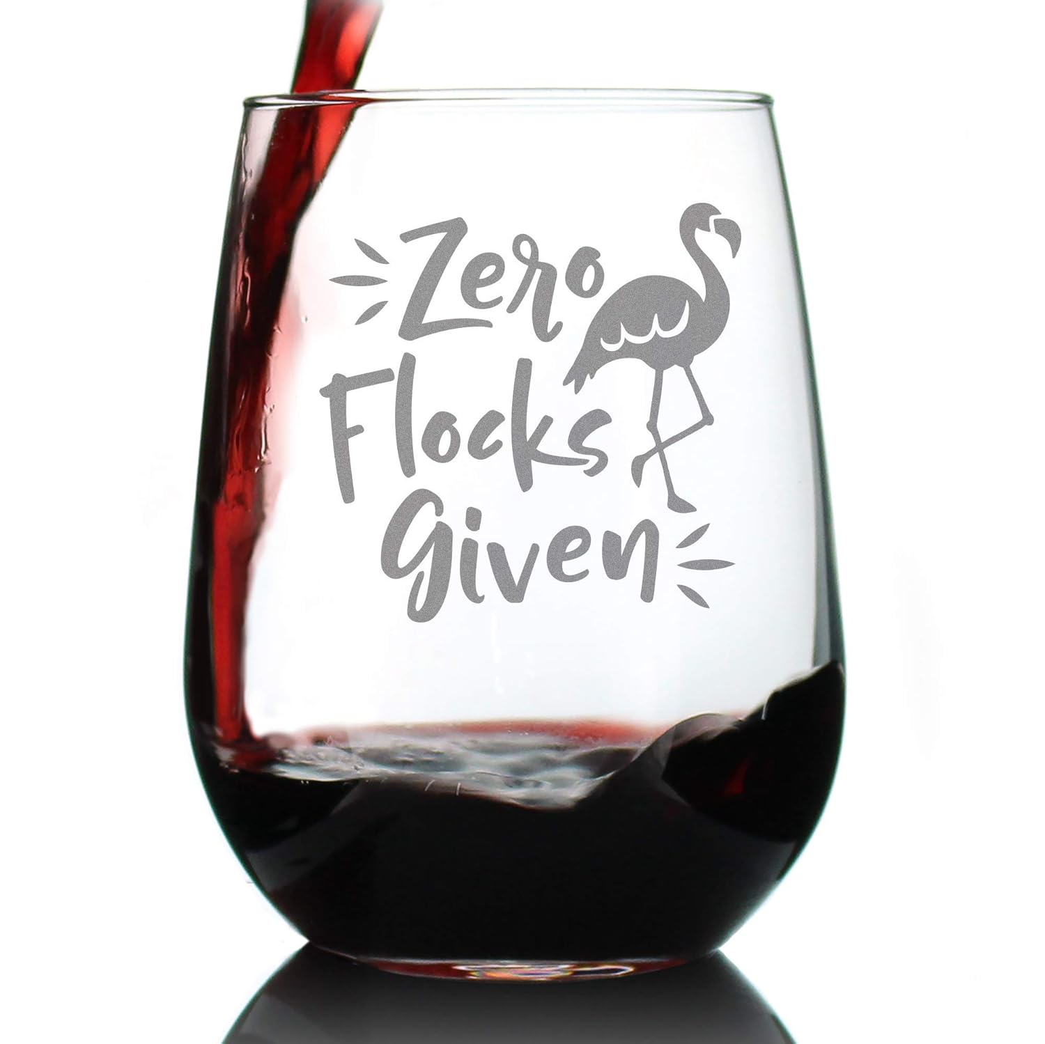 Zero Flocks Given  Cute Funny Flamingo Stemless Wine Glass, Large 17 Ounce, Etched Sayings, Gift Box
