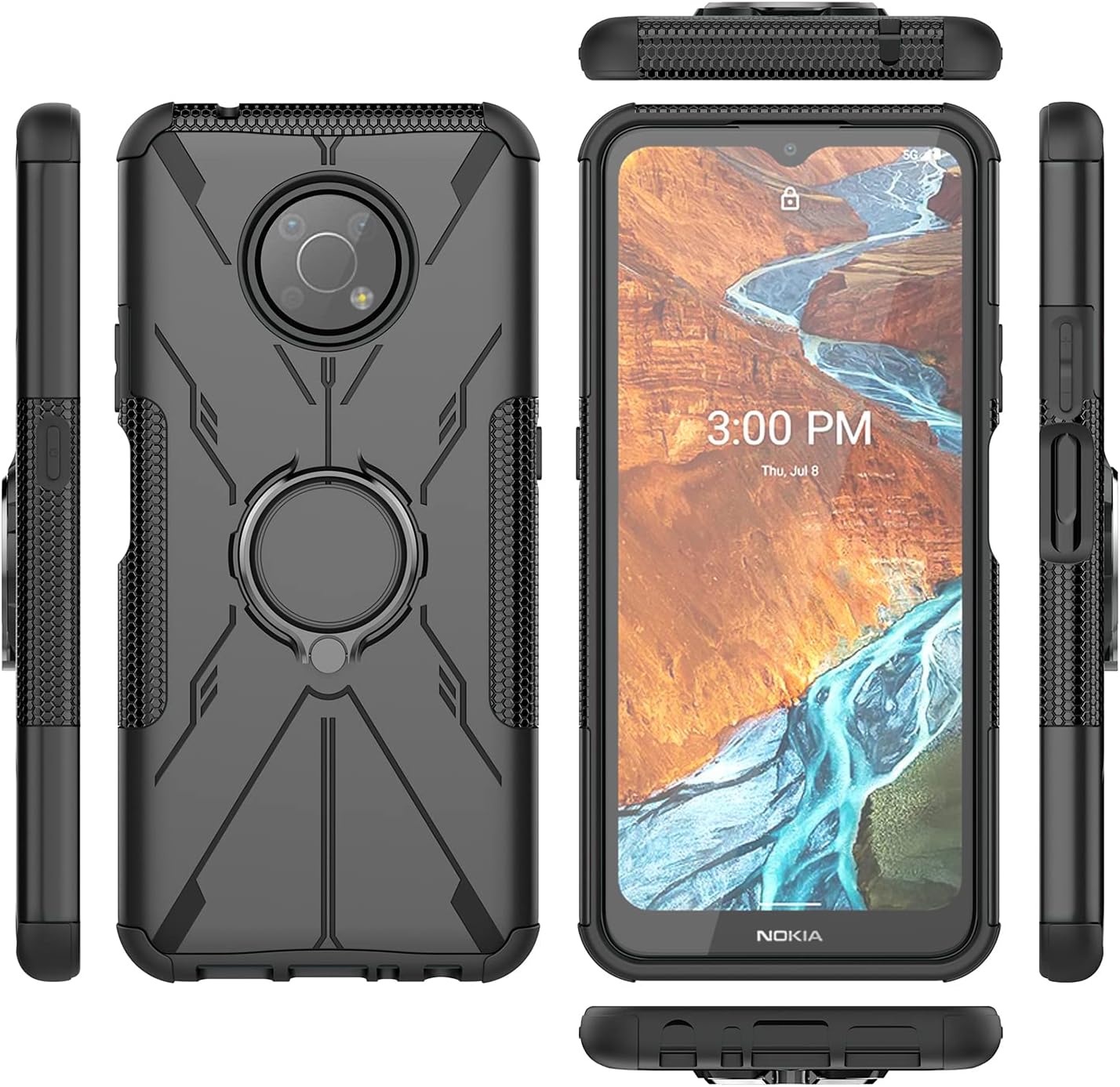 TJS Funda compatible con Nokia G300 5G de 6.5 pulgadas (N1374DL), anillo de metal, soporte magnético, función atril, resistente contra caídas (negro)