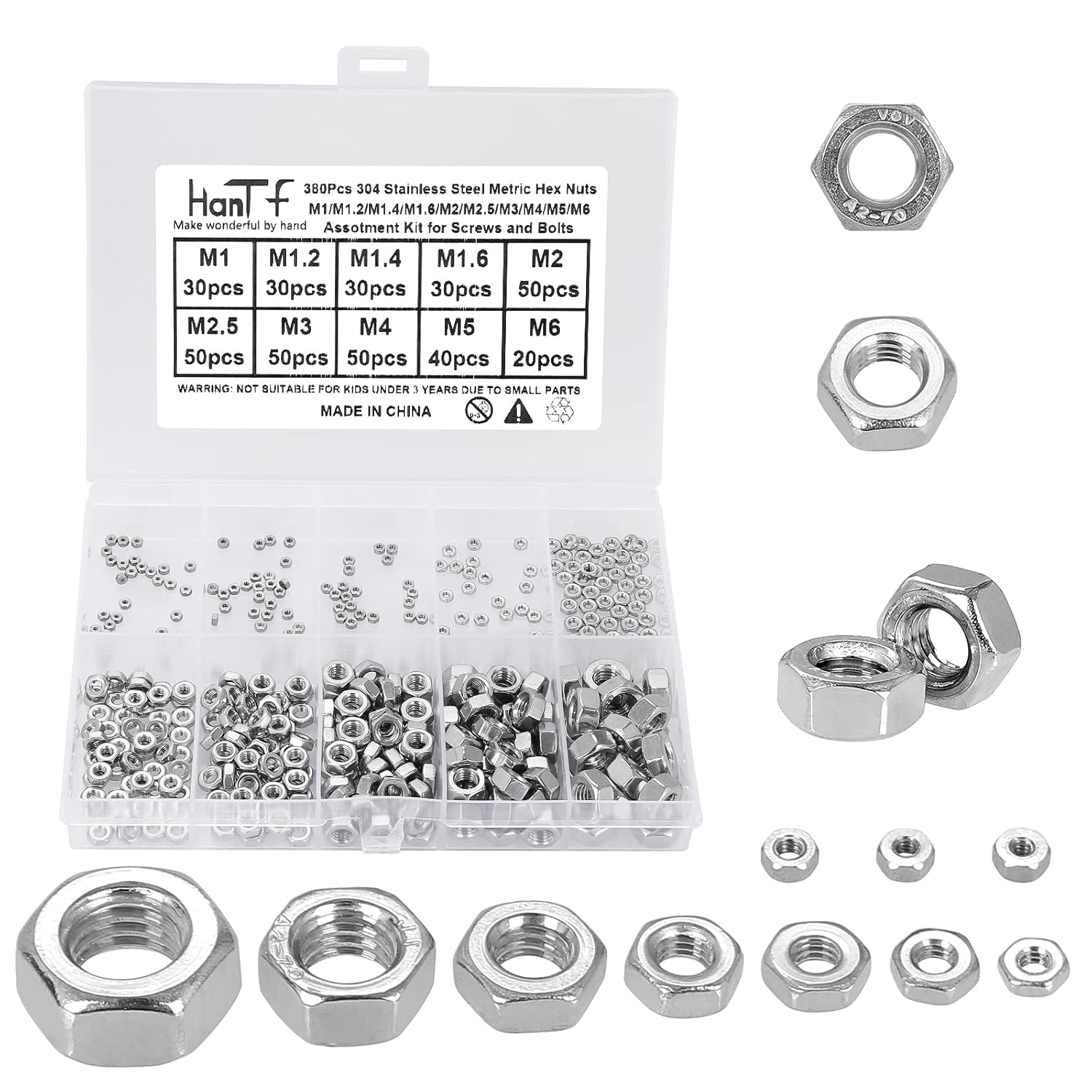 Kit surtido de 380 tuercas hexagonales métricas pequeñas para tornillo de micro, acero inoxidable 304, tuercas hexagonales M1 M1.2 M1.4 M1.6 M2 M2.5