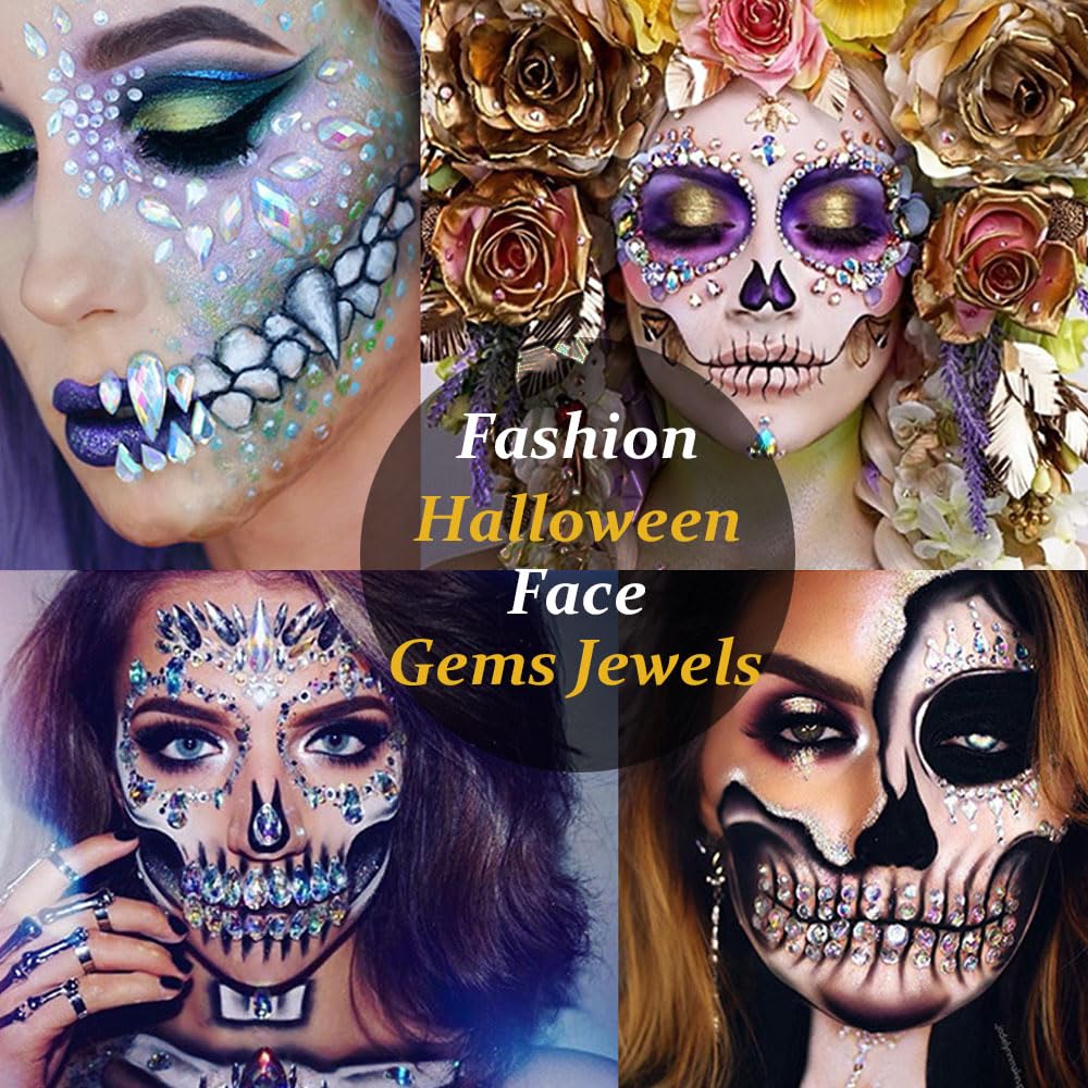 4 juegos de joyas de cara de Halloween con purpurina y esqueleto de azúcar, gemas para festivales, cristales, tatuajes faciales, calcomanías, ojos,