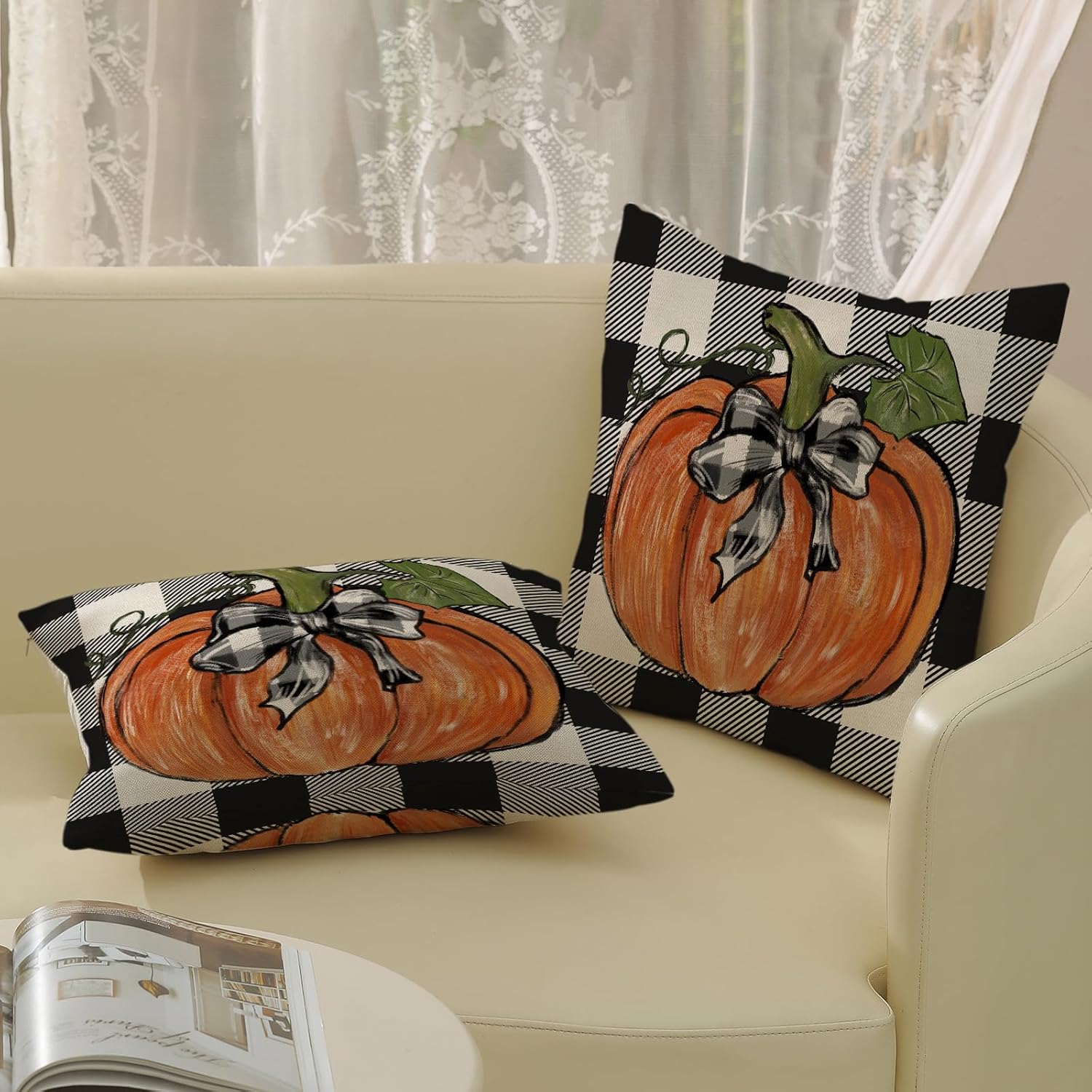 Juego de 2 fundas de almohada de otoño de 18 x 18 pulgadas, decoración de otoño, a cuadros, calabaza, para exteriores, otoño, Acción de Gracias,