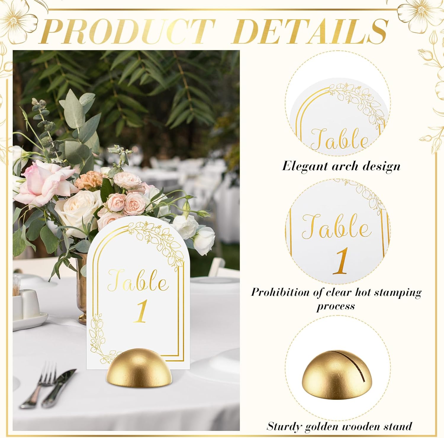 60 tarjetas de números de mesa de arco con soportes de números de mesa redondos, soportes de números de boda modernos dorados, letreros de número de