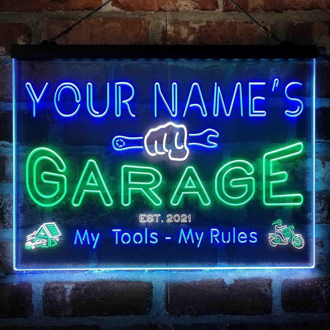 ADVPRO Letrero de luz de neón LED tricolor personalizado de garage, una decoración artística grabada en 3D  Personalizar nombre Fecha Texto Cita