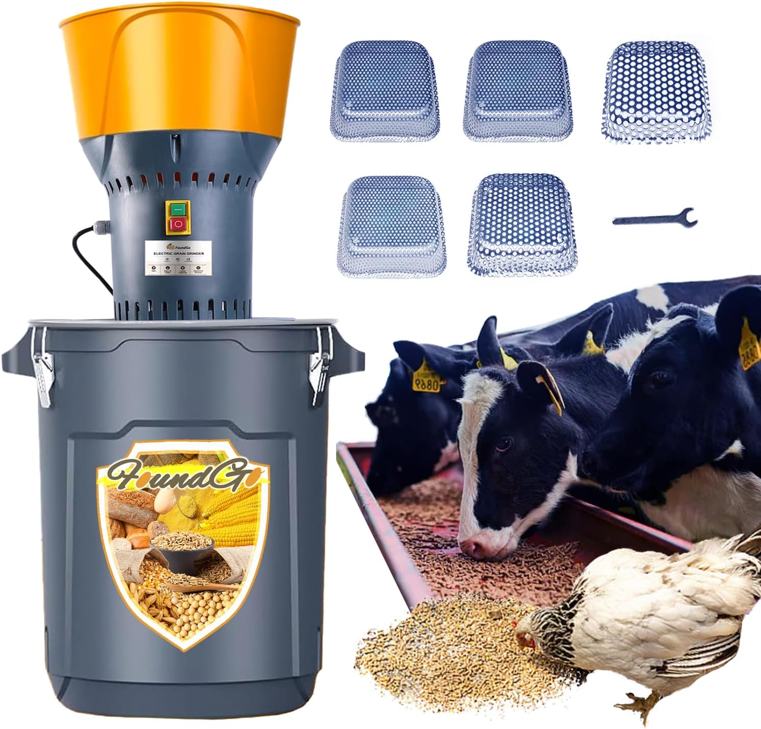 FoundGo Molinillo de molino de grano de alimentación agrícola eléctrica de 13.2gal para especias de maíz de trigo con 5 filtros 110V 1000W 50L