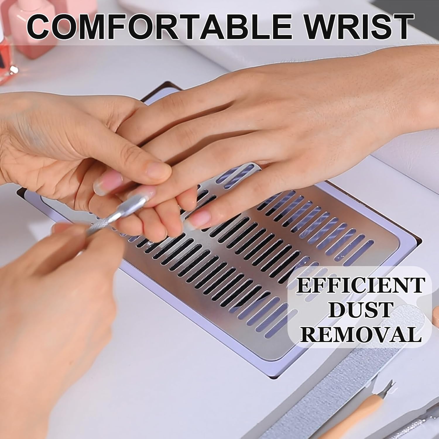 Hicomony Mesa de uñas blanca para tecnología de uñas, mesa de manicura con reposabrazos, colector de polvo de uñas, resistente a acetona, mesa de