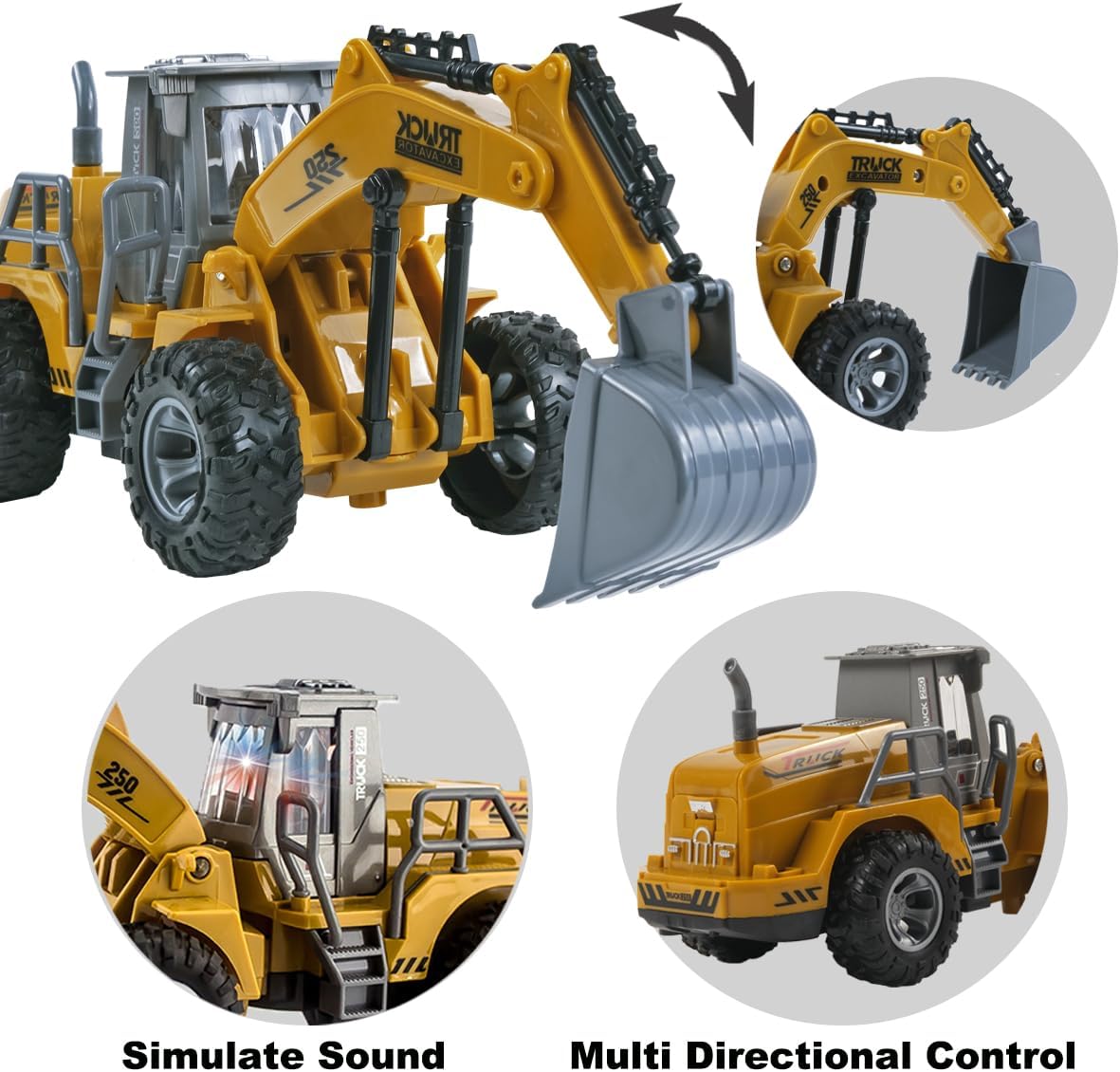 Excavadora Rc funcional de 5 canales, vehículos de construcción a control remoto con luces, excavadora de control remoto para niños de 4 a 7 años,