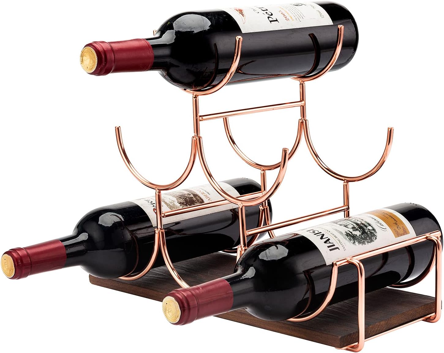 MyGift Estante de vino de oro rosa, 6 botellas, moderno, de mesa, de alambre de metal, apilado, soporte para vino con base de madera quemada