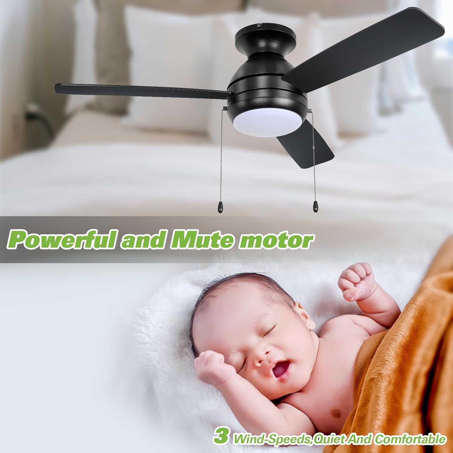 hykolity Ventilador de techo de montaje empotrado de 44 pulgadas con luces LED (3000 K4000 K6000 K), cadena de tracción, motor reversible