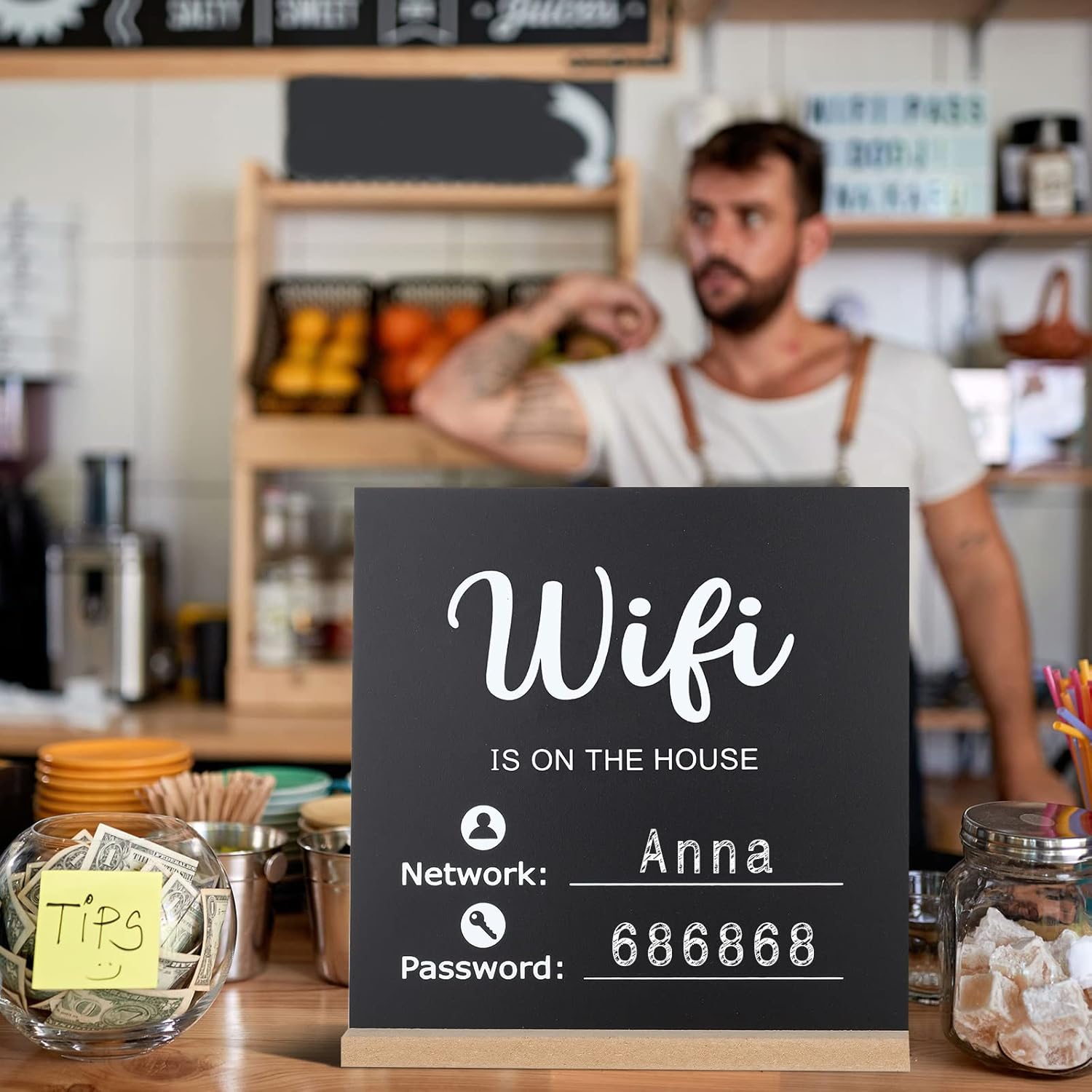 Letrero de madera con WiFi estilo pizarra de tiza con contraseña, letrero independiente, decoración de centro de mesa, letrero enmarcado de madera,