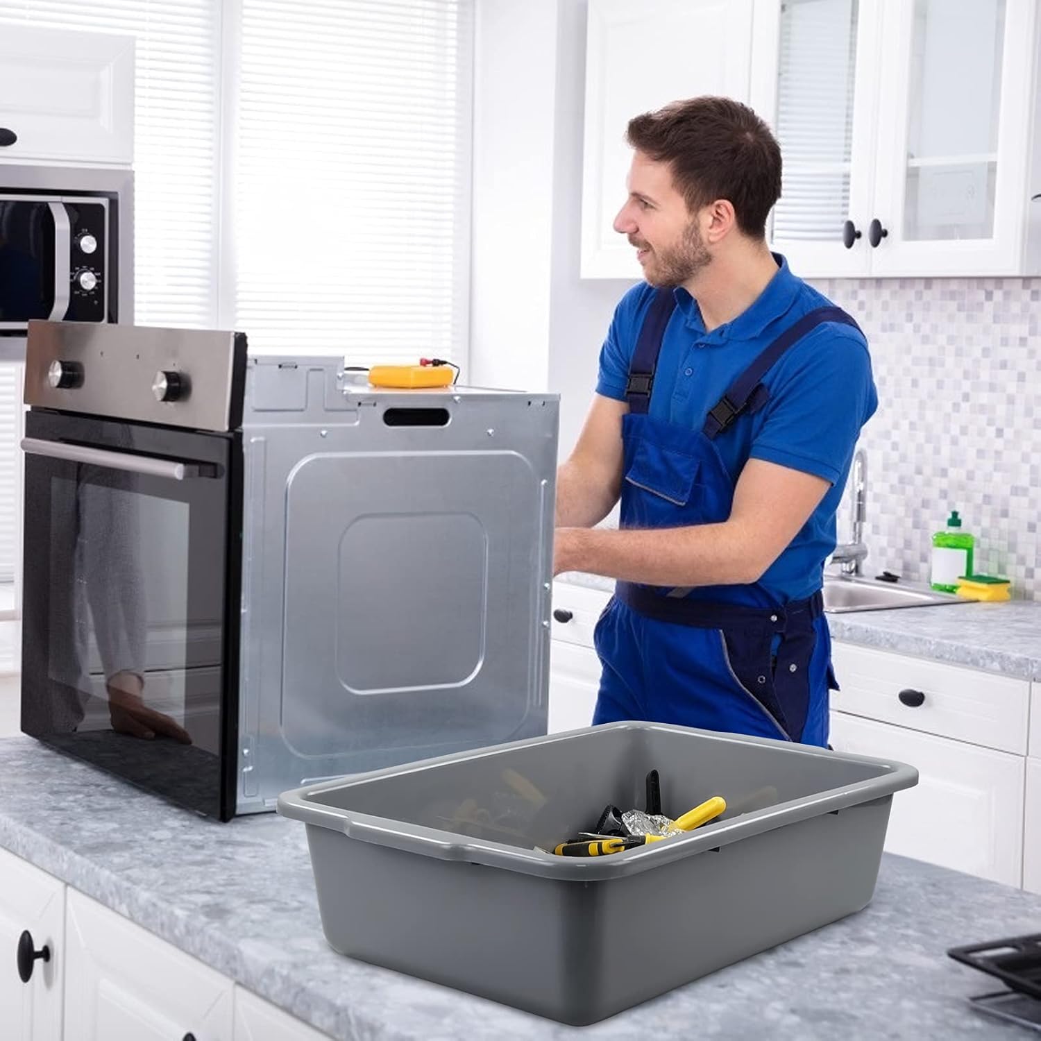 Paquete de 4 cajas de plástico para autobús, grandes cajas de autobús comerciales, 35 L, color gris