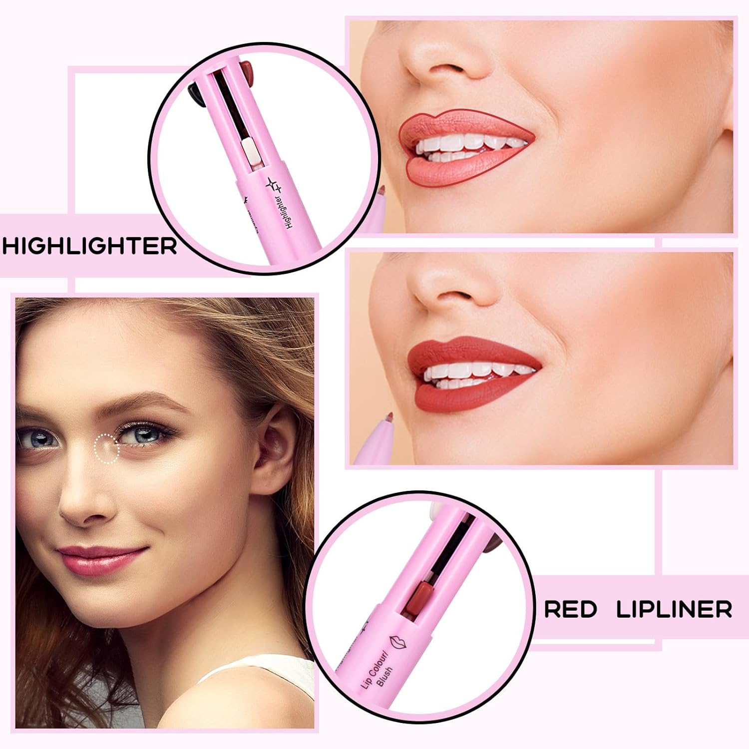 6 bolígrafos de maquillaje 4 en 1, delineador de ojos, delineador de labios, delineador de cejas, lápiz de maquillaje, impermeable, herramienta de
