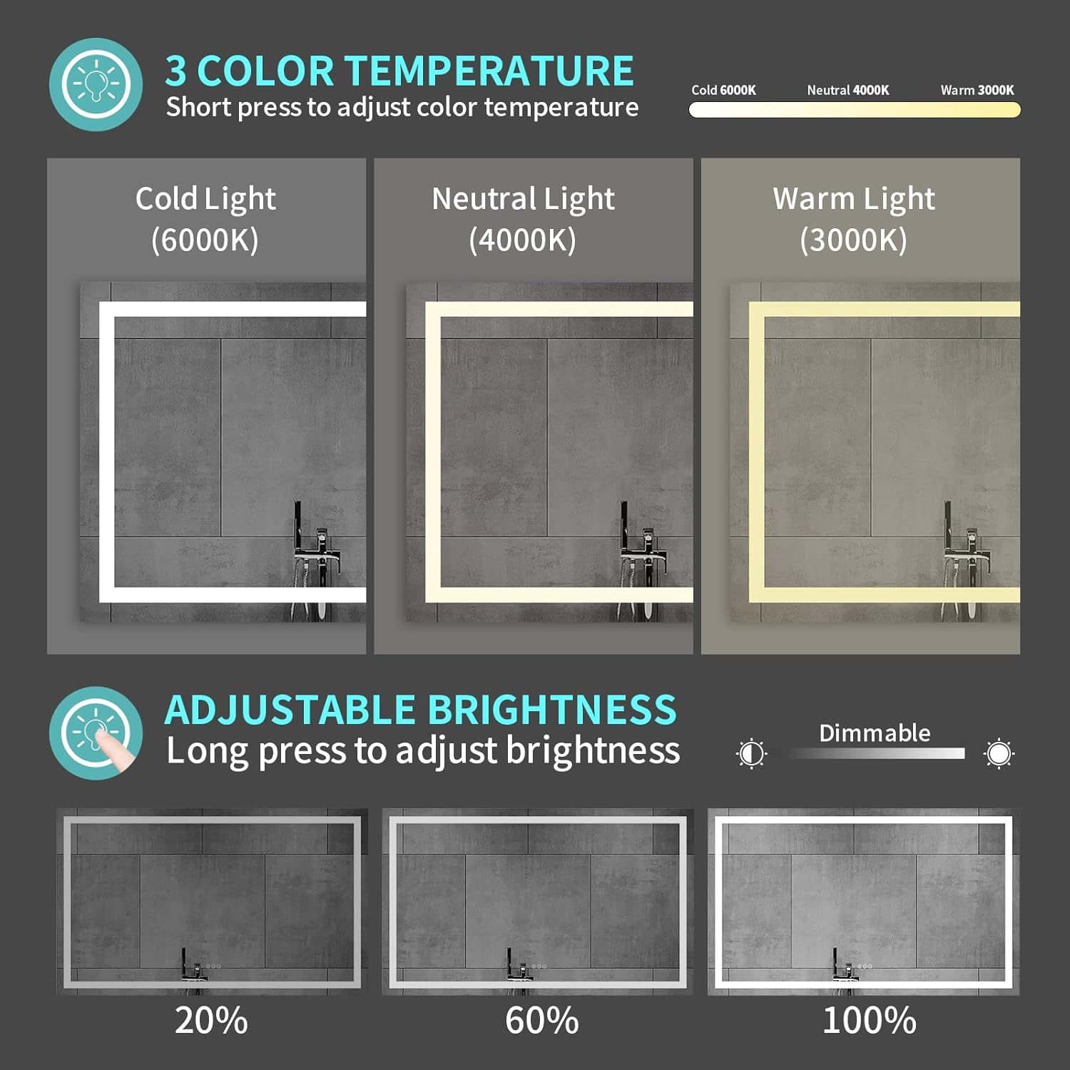 JONKEAN Espejo de baño LED de 60 x 36 pulgadas con luces, espejo LED antivaho montado en la pared para baño, espejos de baño rectangulares con