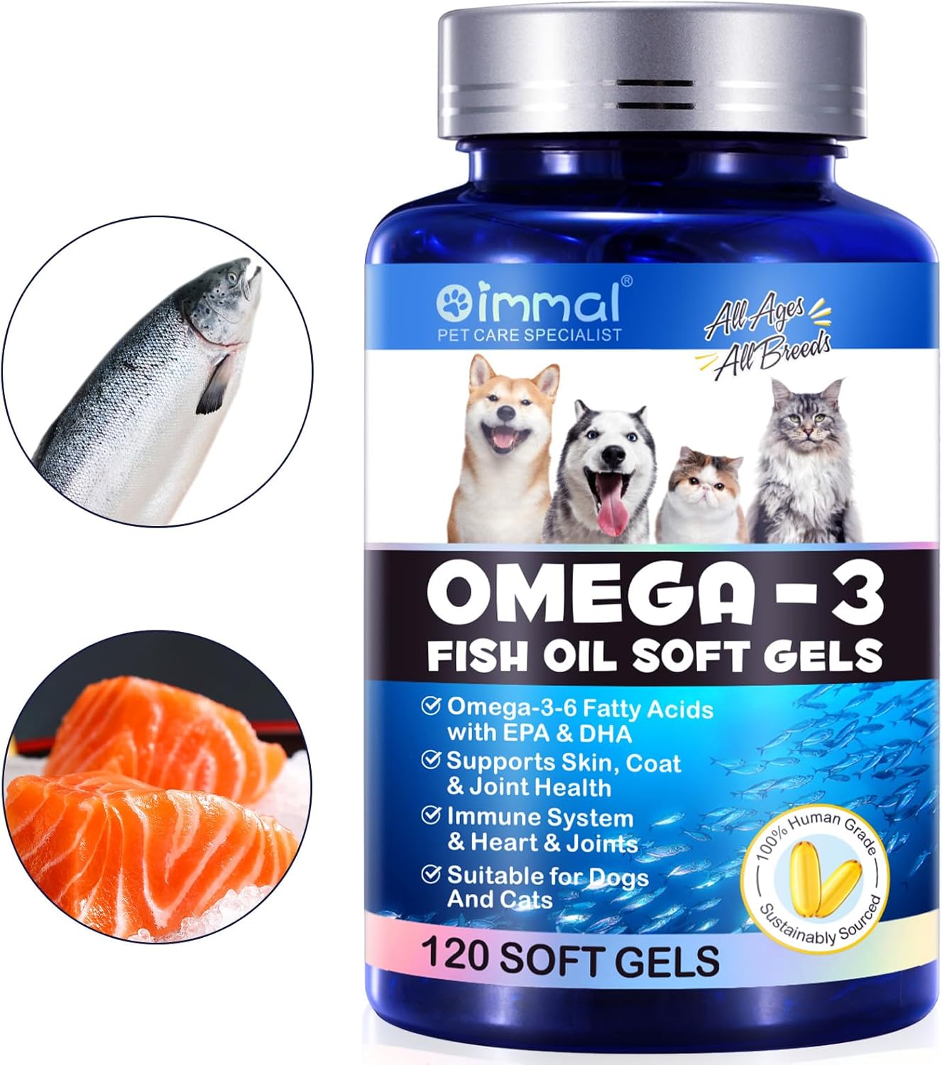 Omega-3 para mascotas, aceite de salmón, geles suaves para perros y gatos (120 unidades) – Suplemento de salud para la piel y el pelaje con ácidos