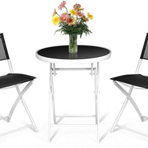 S AFSTAR Juego de 3 piezas, sillas plegables y mesa para interior y exterior, patio, balcón, jardín, junto a la piscina (negro) S AFSTAR Juego de 3 piezas, sillas plegables y mesa para interior y exterior, patio, balcón, jardín, junto a la piscina (negro)