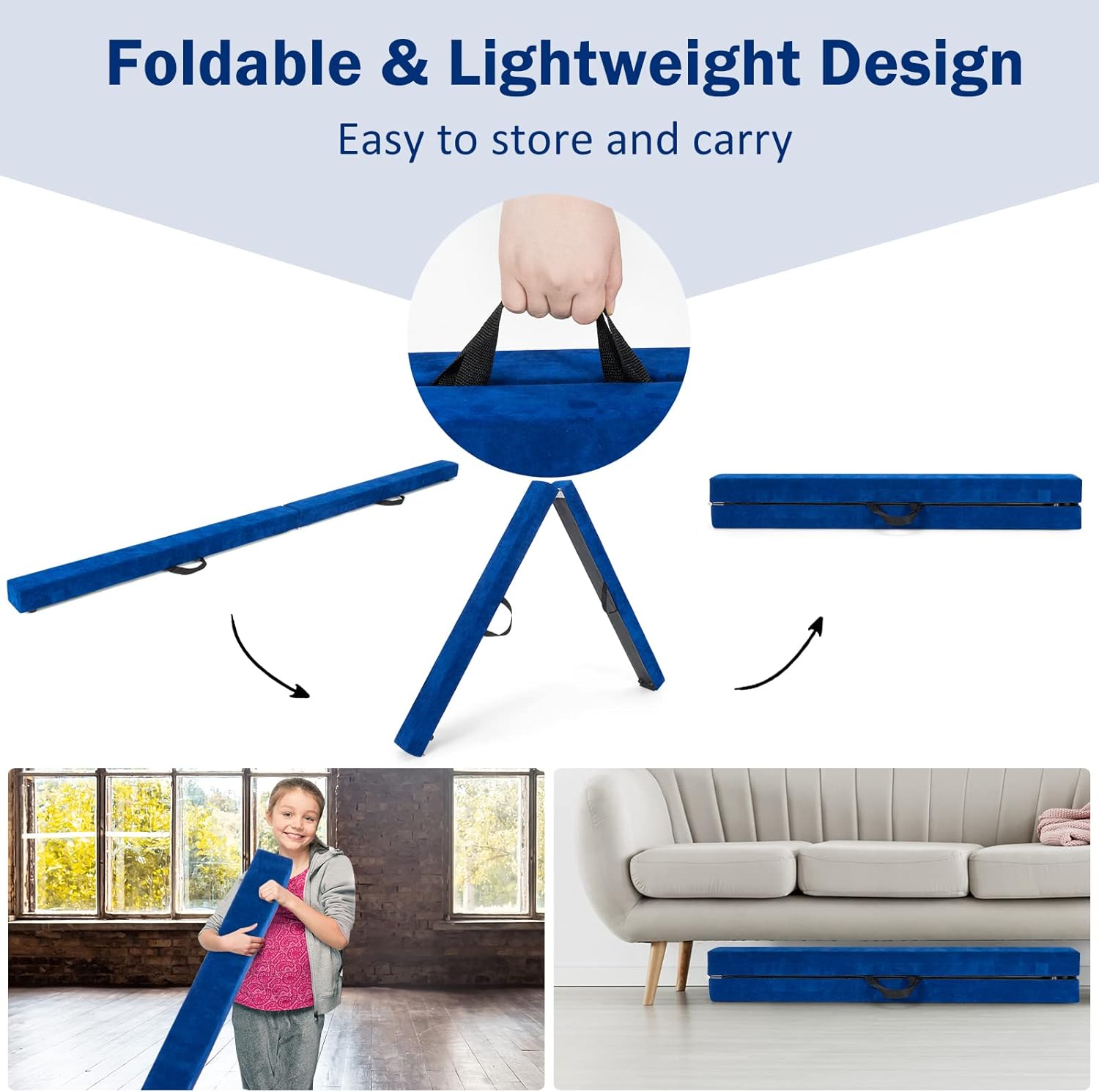 GYMAX Haz de equilibrio, viga de gimnasia plegable de 7 pies con asa de transporte, cubierta de gamuza sintética y base de madera maciza, viga de