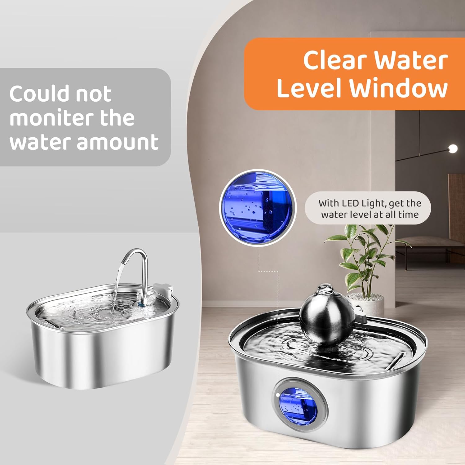Fuente de agua de acero inoxidable para gatos en interiores, dispensador automático de agua para gatos de 108 oz3.2 L con ventana de nivel de agua,