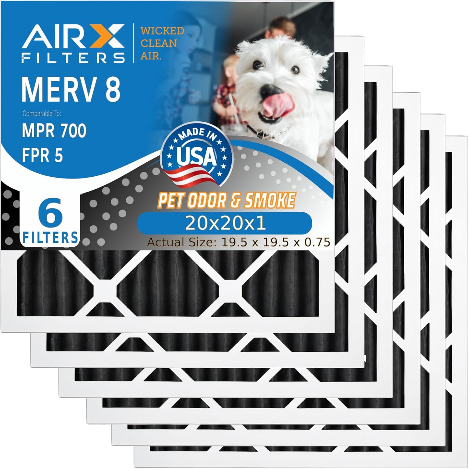 AIRX FILTERS WICKED CLEAN AIR. Filtro de aire 20x20x1 Eliminador de olores Filtro de carbono MERV 8 AC HVAC Filtros de horno Paquete de 6