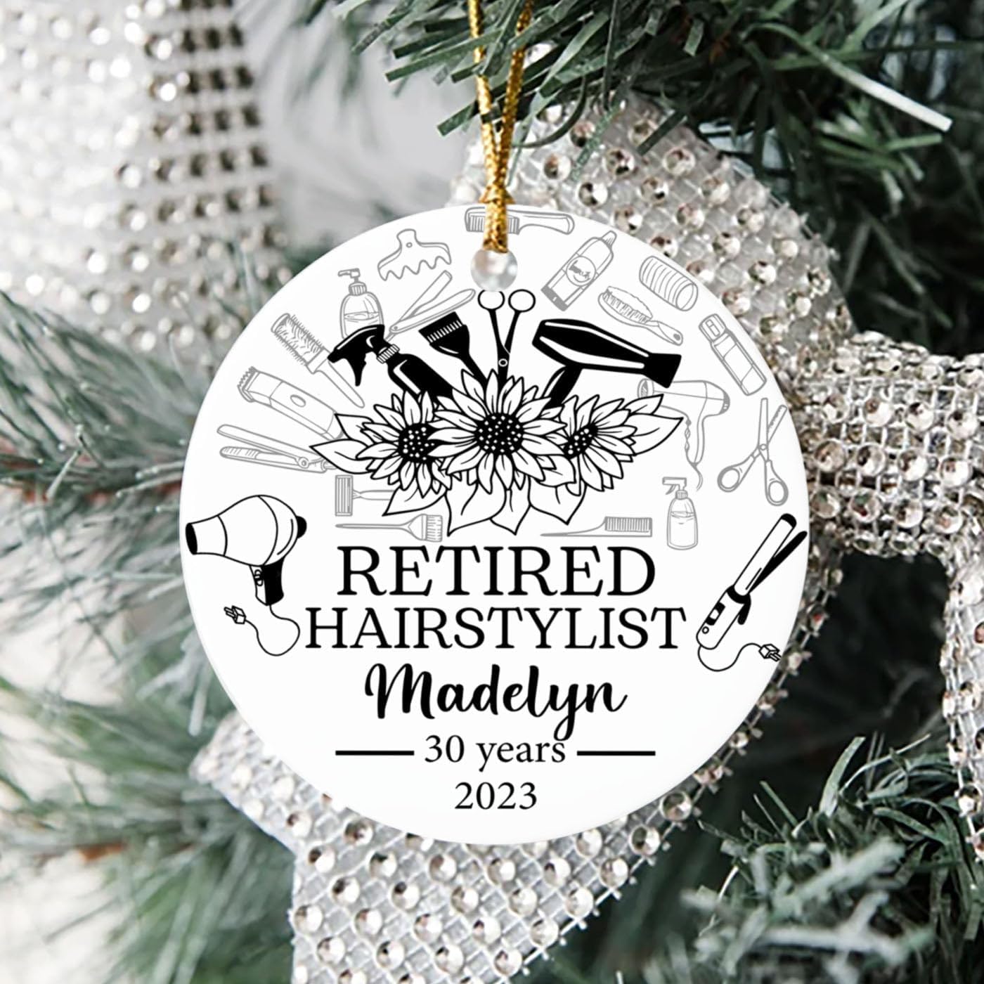 Adorno de Navidad personalizado con nombre de año para estilista de peluqueros y mujeres, peluquero jubilado, adornos de Navidad, peluqueros
