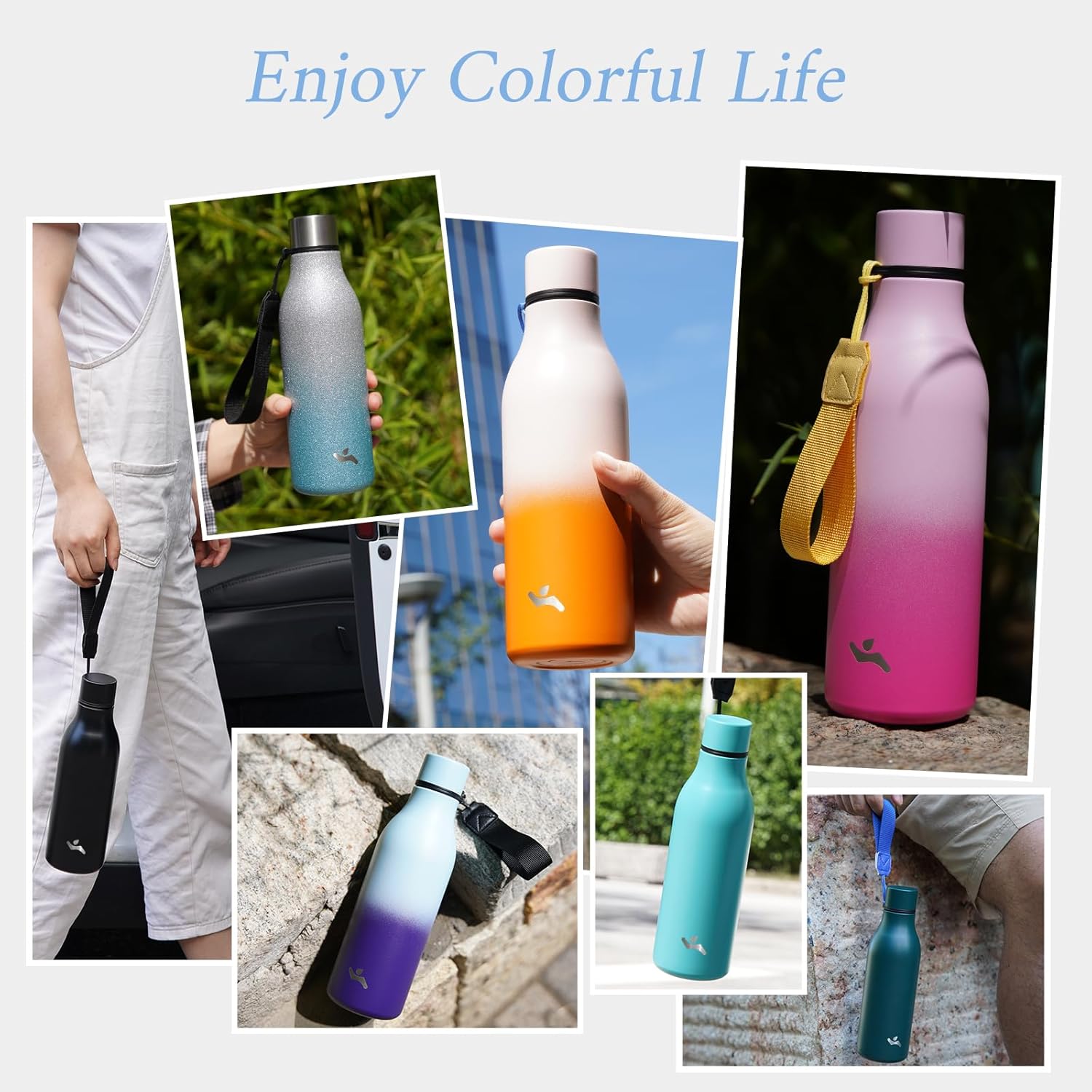 Botella de agua aislada con correa, botellas de vacío de acero inoxidable de doble pared de 18 onzas, botella de agua de metal, Oasis