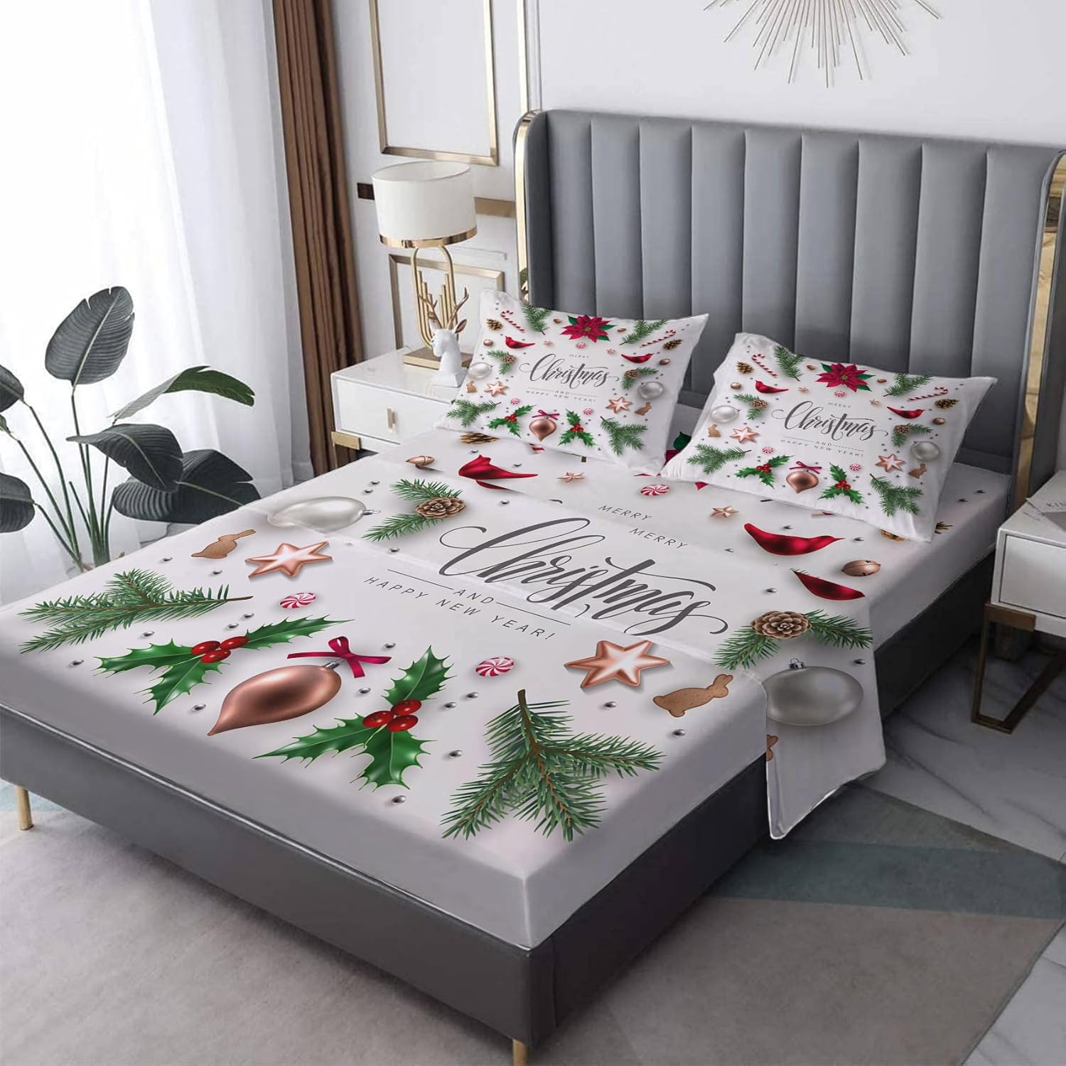 zcsm Juego de sábanas tamaño Queen sábanas de Navidad, sábanas y fundas de almohada, microfibra suave, bolsillo profundo y sin arrugas, 1 sábana
