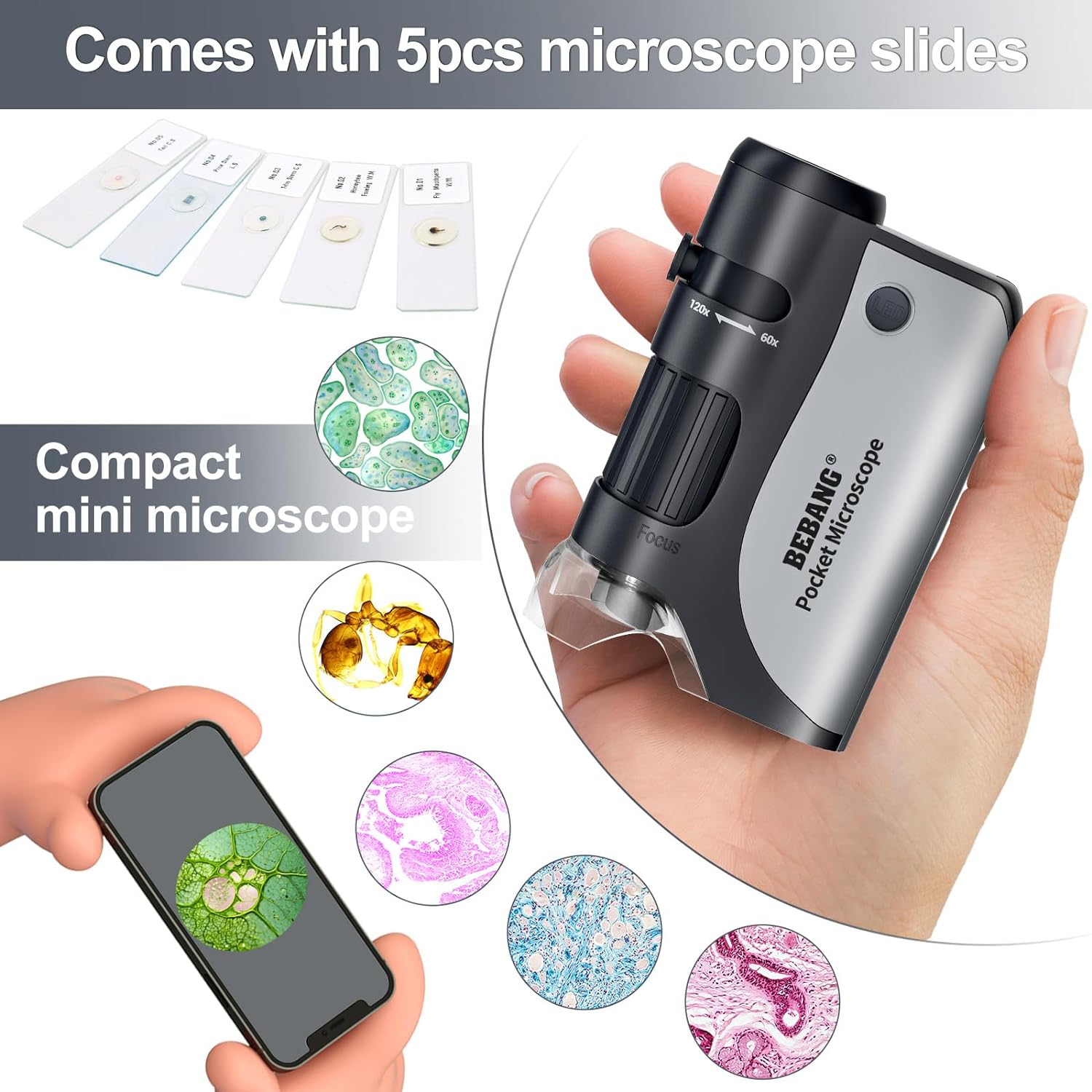 BEBANG Microscopio de bolsillo, mini microscopio de mano 60X-120X para niños con zoom iluminado LED, kits de microscopio portátil con 5 diapositivas