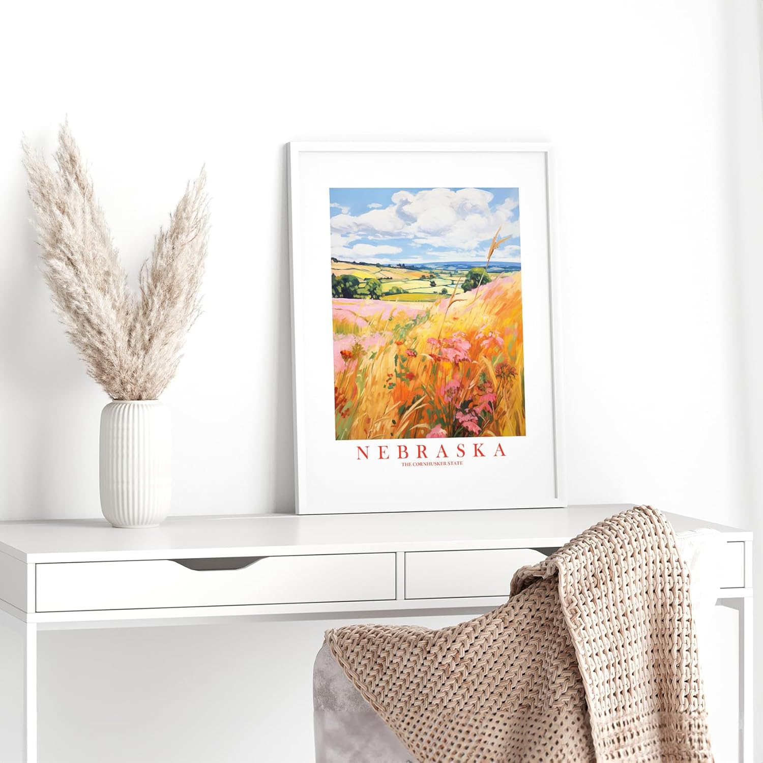 Nebraska Travel Print Cornhusker State Souvenir Yellow Orange Pink Wall Art Retro Poster Scenic Landscape Painting (8×10 inches)