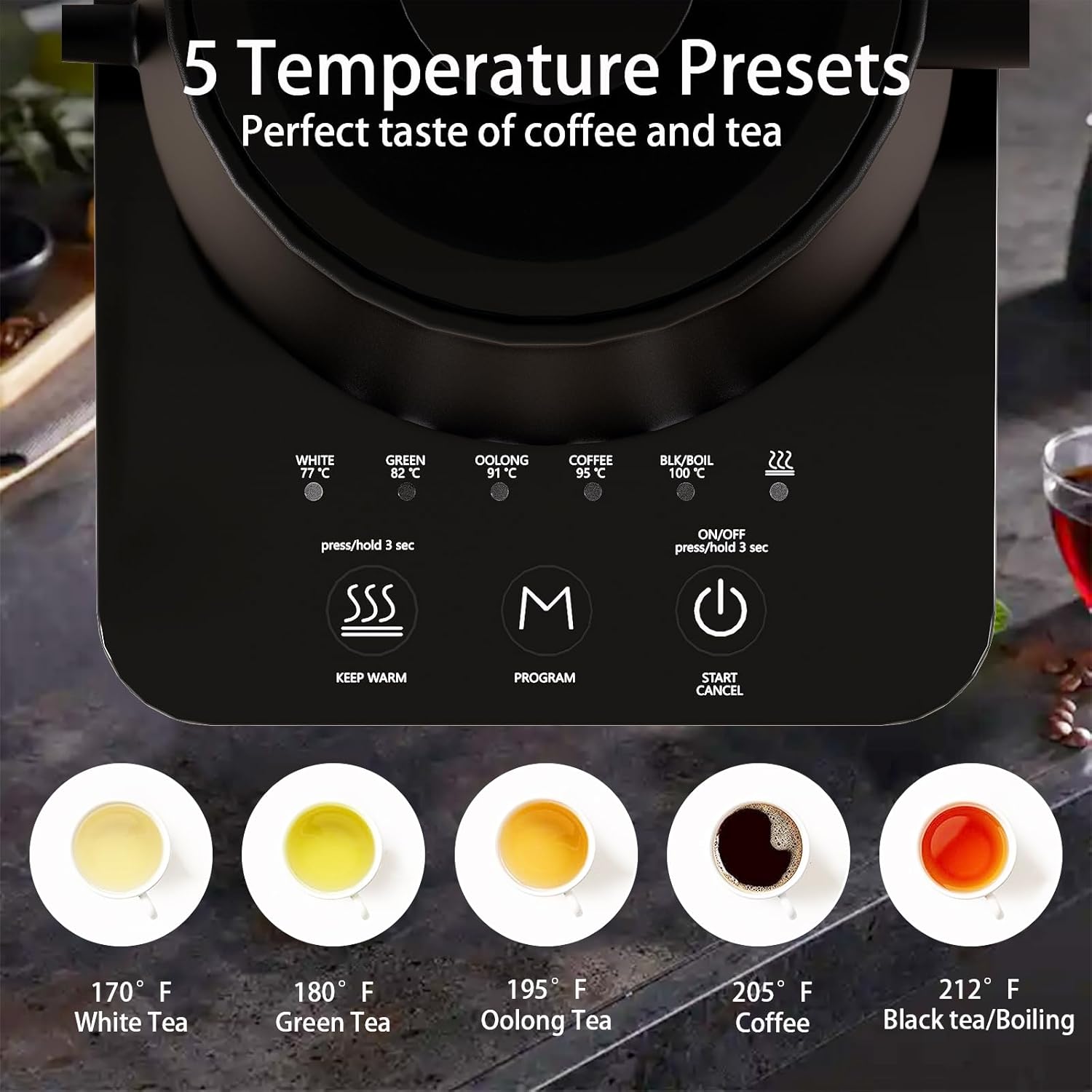 Hervidor eléctrico con 5 ajustes preestablecidos variables, hervidor de café de 1200 W para café y té, calentador de agua eléctrico de cuello de