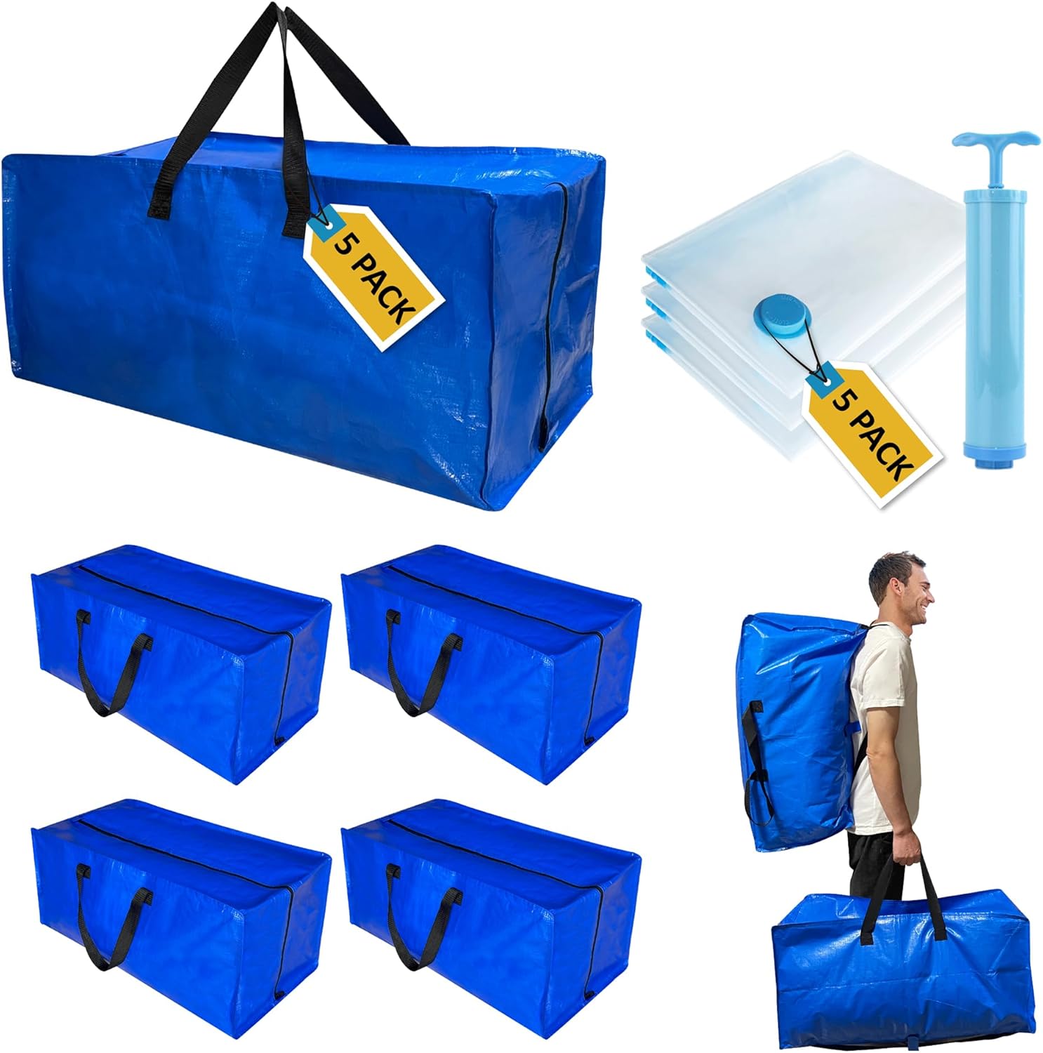 Paquete de 10 bolsas de mudanza extra grandes resistentes con correas de mochila y bolsas de almacenamiento al vacío, combo de suministros de