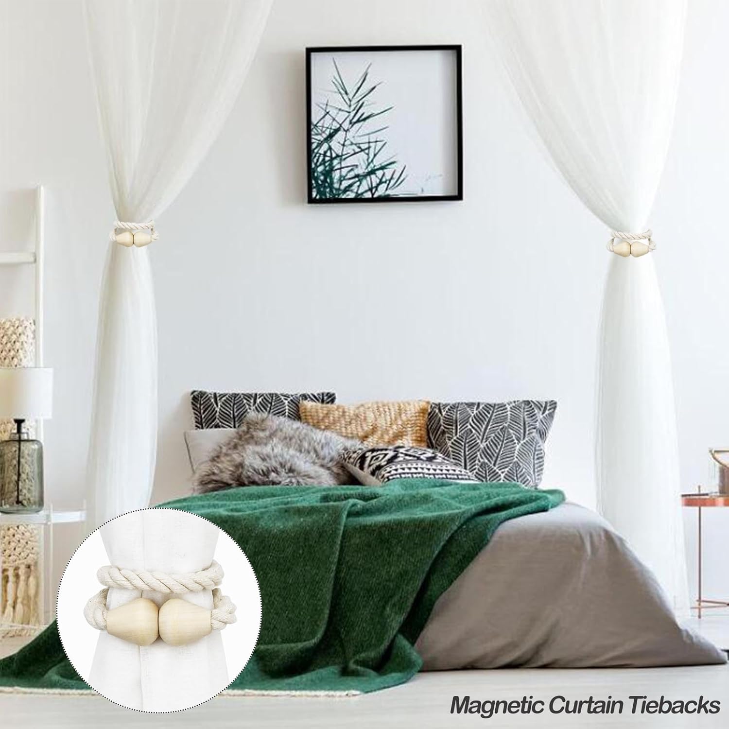 Paquete de 2 alzapaños magnéticos para cortinas, de algodón, bohemios, para decoración de cortinas al aire libre, color beige