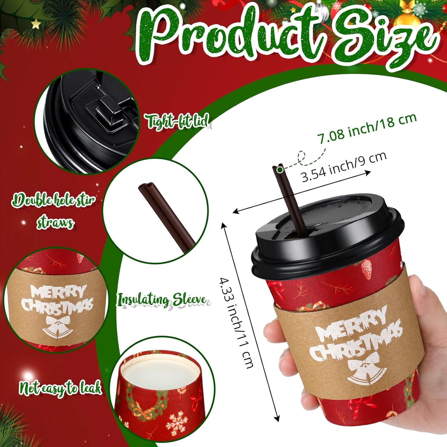Lallisa Juego de 100 vasos de papel de café de Navidad desechables con tapas, pajitas, manga, 12 onzas, muñeco de nieve navideño para bebidas de