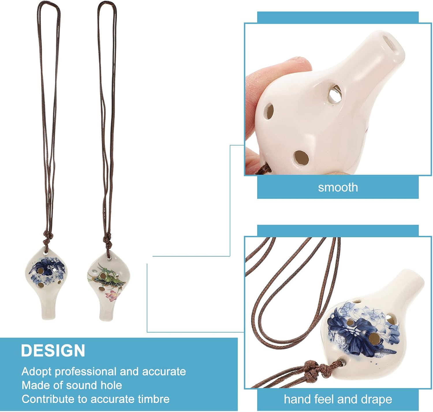2 piezas de cerámica Ocarina porcelana blanca 6 agujeros colgante Ocarinas con patrón de loto Introductoria alta clave Ocarinas flautas para