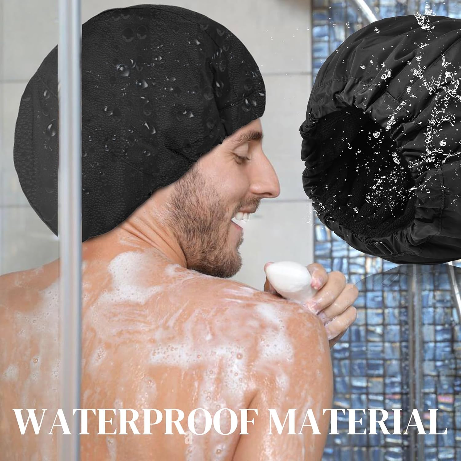 Gorro de ducha para hombre, gorro de baño negro, reversible, con forro de rizo, grande, impermeable, ajustable, banda elástica, dobladillo elástico,