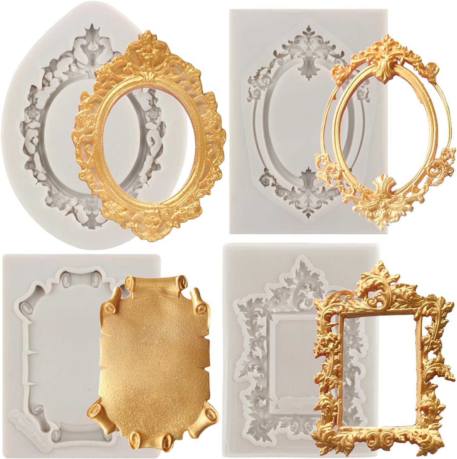 Marcos de fotos de silicona estilo barroco Curlicues Scroll Lace Photo Frame Molds Fondant Moldes para decoración de tartas, decoración de cupcakes,