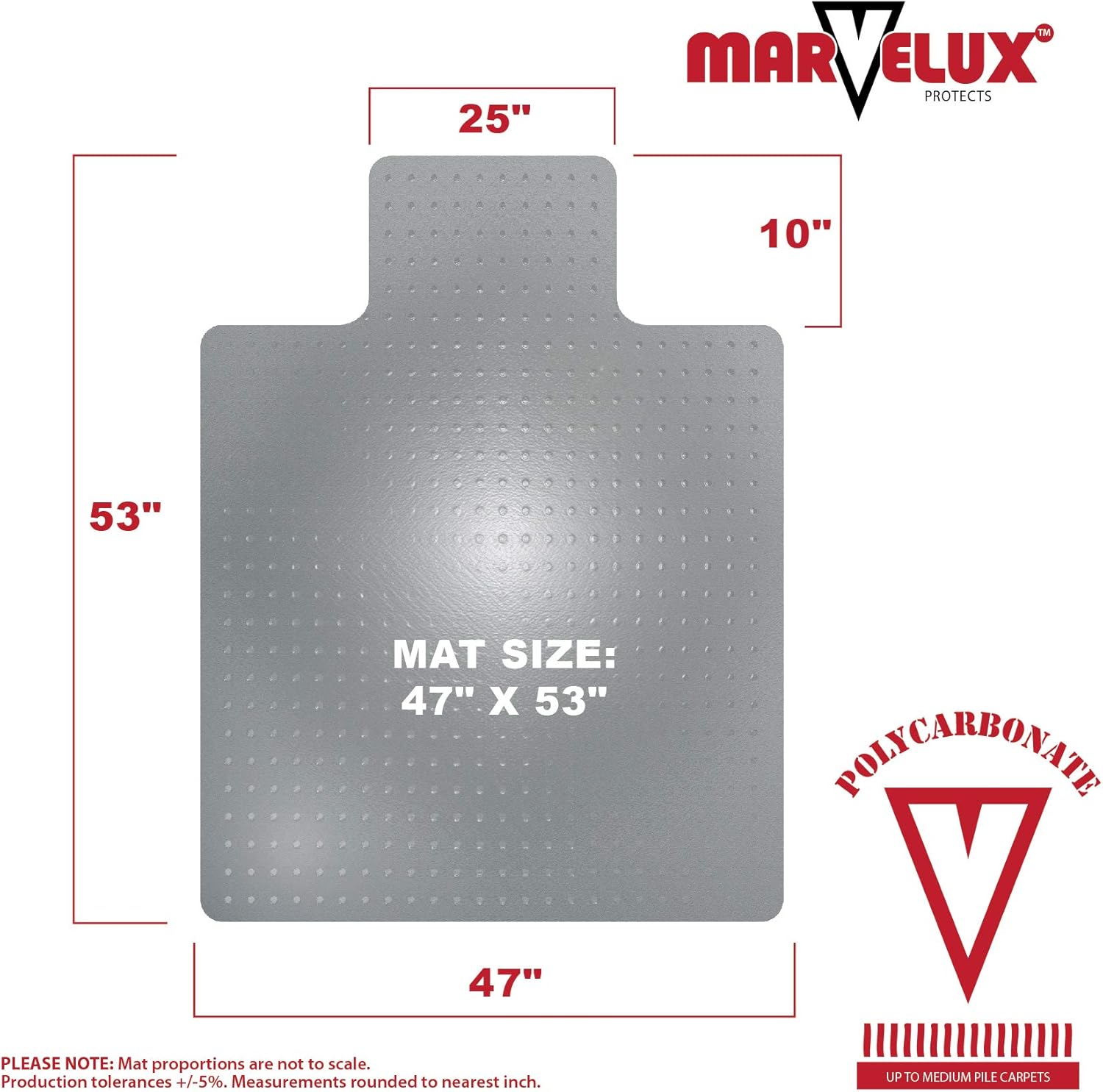 Marvelux Tapete para silla de oficina de policarbonato resistente de 47 x 53 pulgadas con borde para alfombras, protector de alfombra transparente