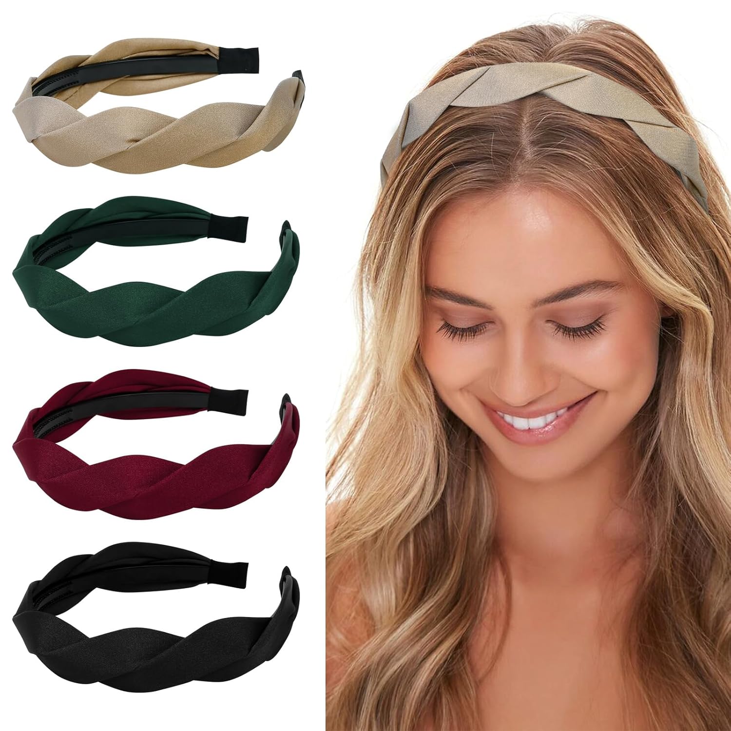 WOVOWOVO Diadema trenzada de 4 piezas para mujeres y niñas, banda ancha para el cabello a la moda, antideslizante, diseño de aro para el cabello,