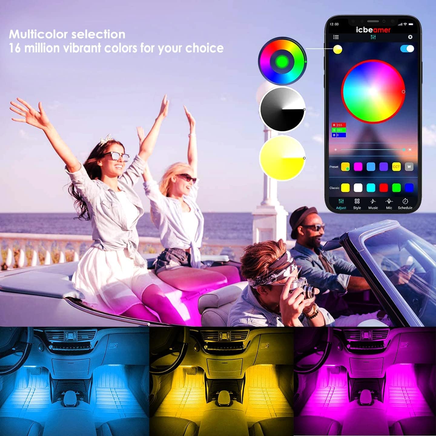 Icbeamer – Tira de luz LED para interiores bajo el asiento con control de teléfono inteligente, color mate, con función activa