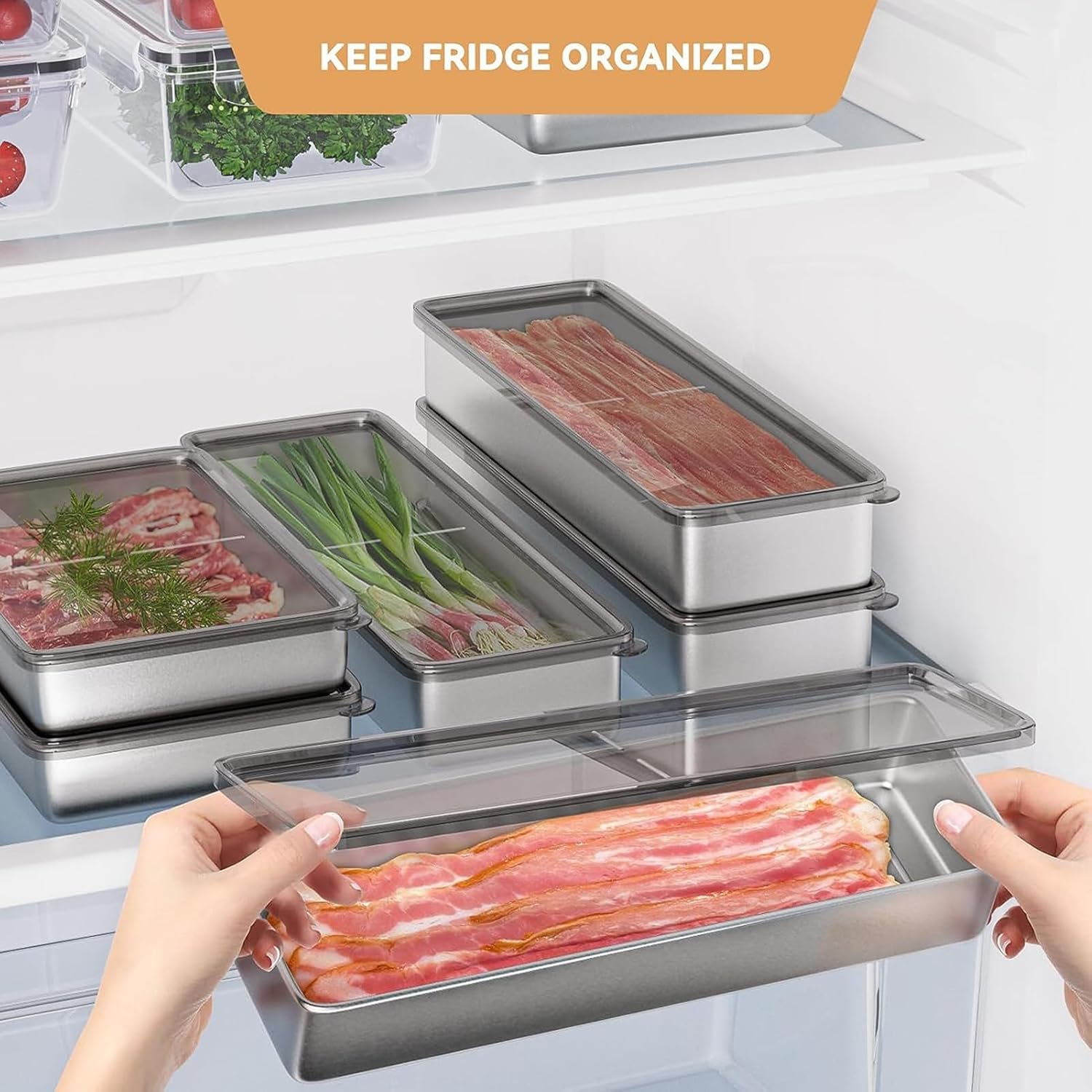 Recipiente de tocino para refrigerador, 1000ML2000ML800ML400ML Crisper Box 304 Recipientes herméticos de almacenamiento de carne con tapas con base