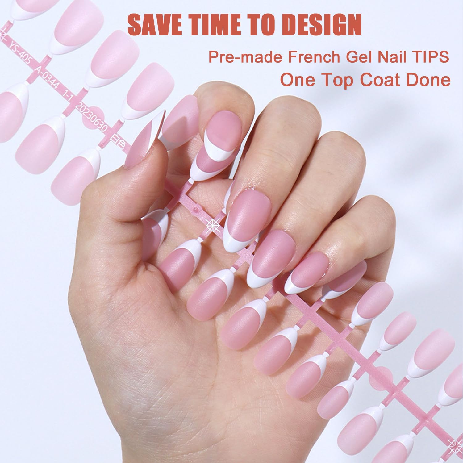 SWETIDY French Tips – Puntas de uñas de gel de almendra corta, 240 unidades, punta francesa rosa, puntas de capa X con punta preaplicada,