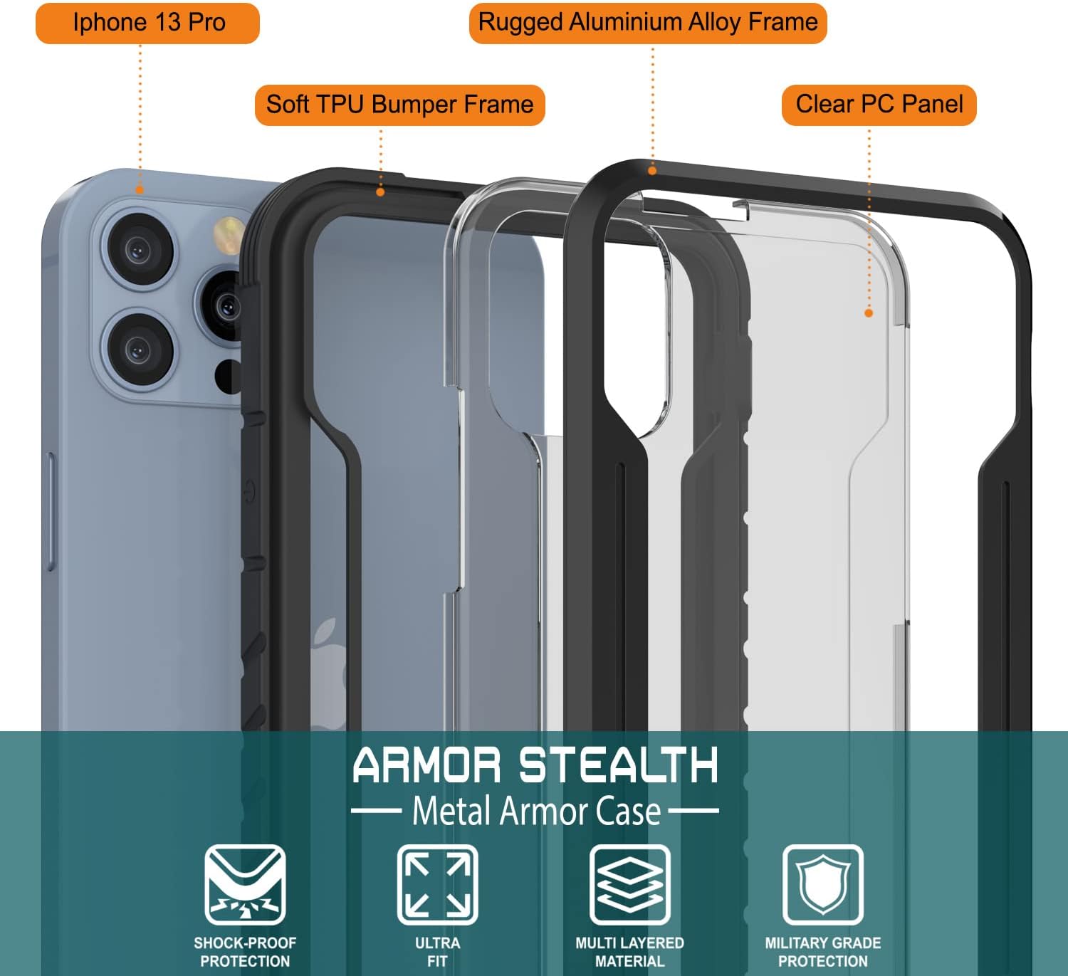 Punkcase Diseñada para iPhone 13 Pro Armor Stealth Series funda protectora de grado militar con marco de aluminio parte trasera transparente Máxima