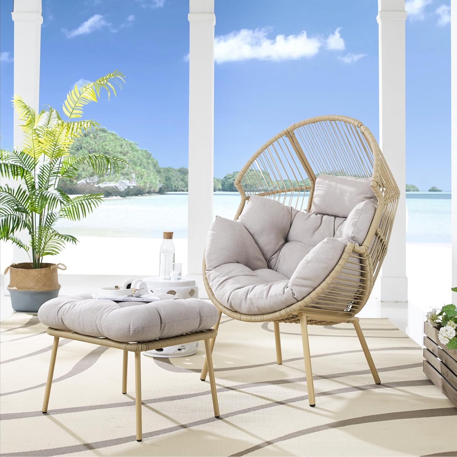 Belord Silla de mimbre con otomana, capacidad de 350 libras de capacidad, para interiores y exteriores, con forma de huevo, con soporte, cojín