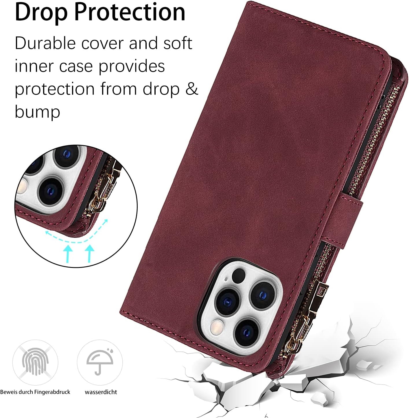 Funda para iPhone 13 Pro Max con tarjetero para iPhone 13 Pro Max, funda tipo cartera magnética de cuero con tapa y soporte de crédito, color rojo